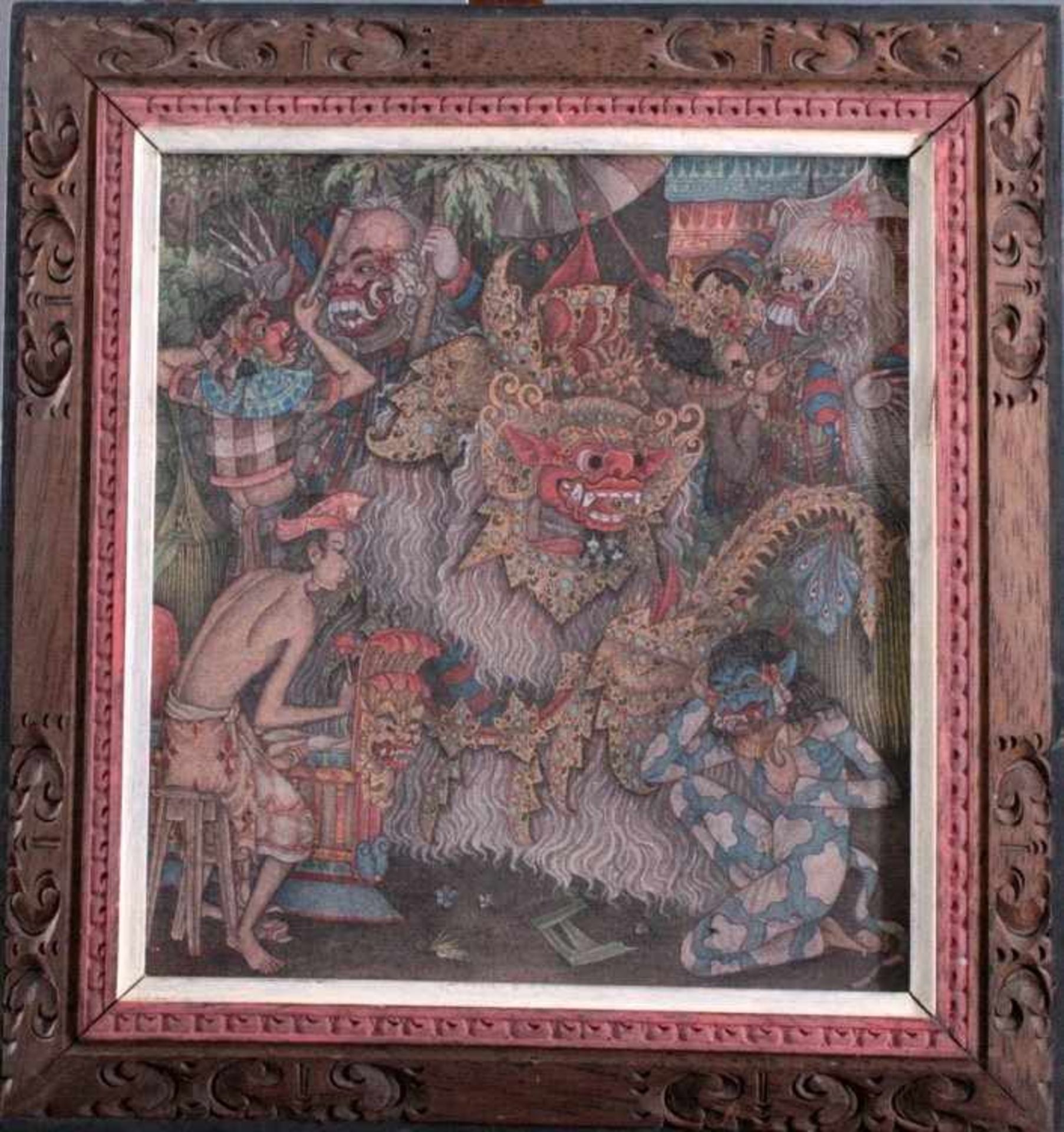 Balinesisches Stoffgemälde"Masken-Tanz", unten links signiert "W. Rojamuscaya" und OrtPelialan, Ubud