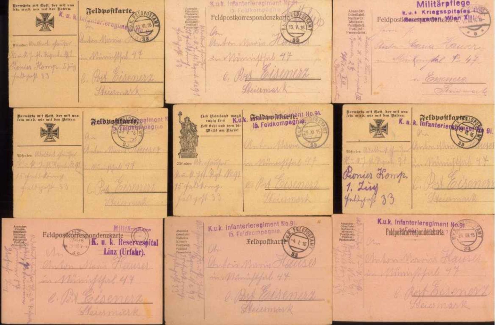 FELDPOST I. WELTKRIEG; K.u.K. ÖSTERREICH! 1915/191626 gelaufene Feldpostkarten