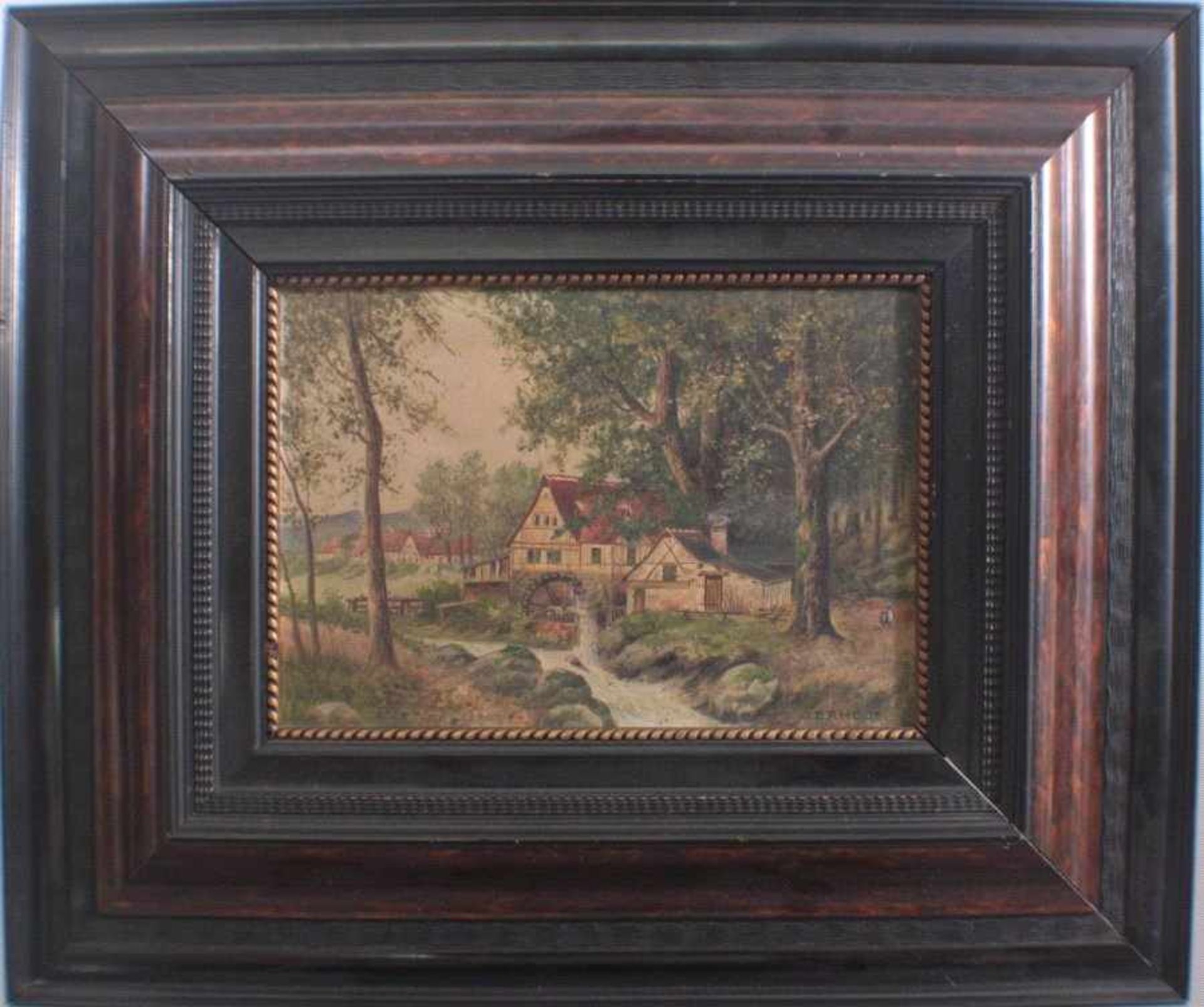 P. Rhode um 1850/1900Öl/Lwd, "Bachlandschaft und Mühle", unten rechts signiert,gerahmt, Maße ca.