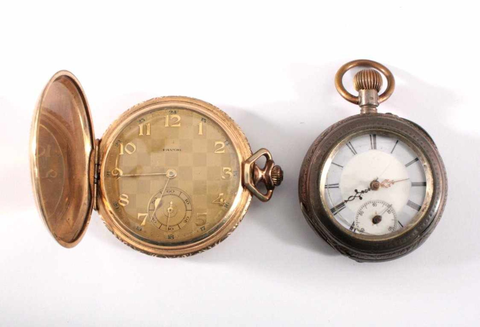 2 Taschenuhren1 Sprungdeckel-Taschenuhr der Marke Favor, vergoldetesGehäuse, Zifferblatt mit