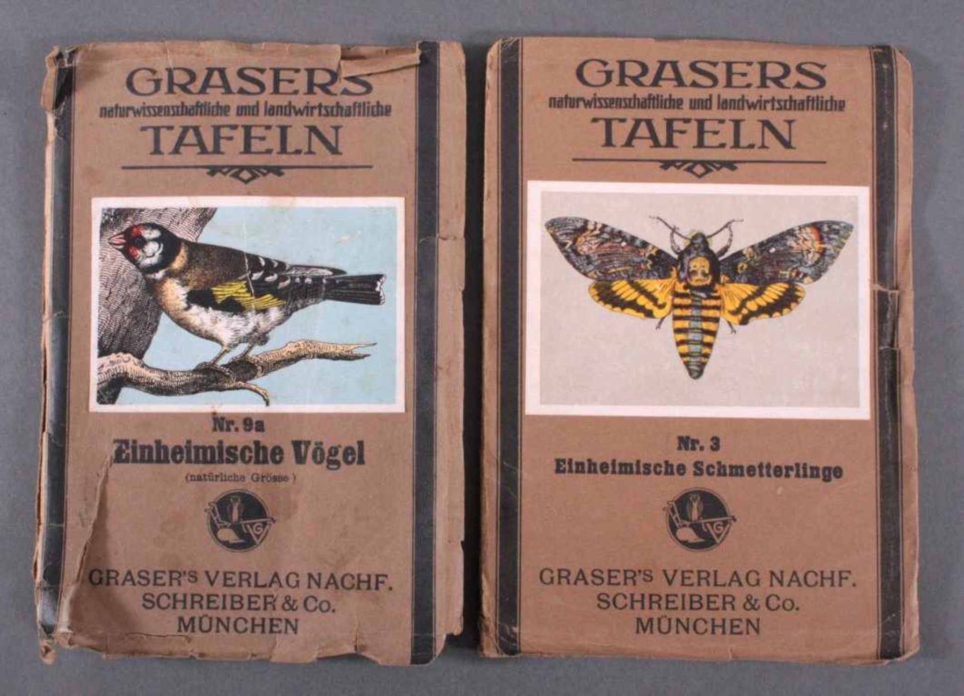 2x Grasers Tafeln1x Nr.3 Einheimische Schmetterlinge.1x Nr.9a Einheimische Vögel.Beide mit starken
