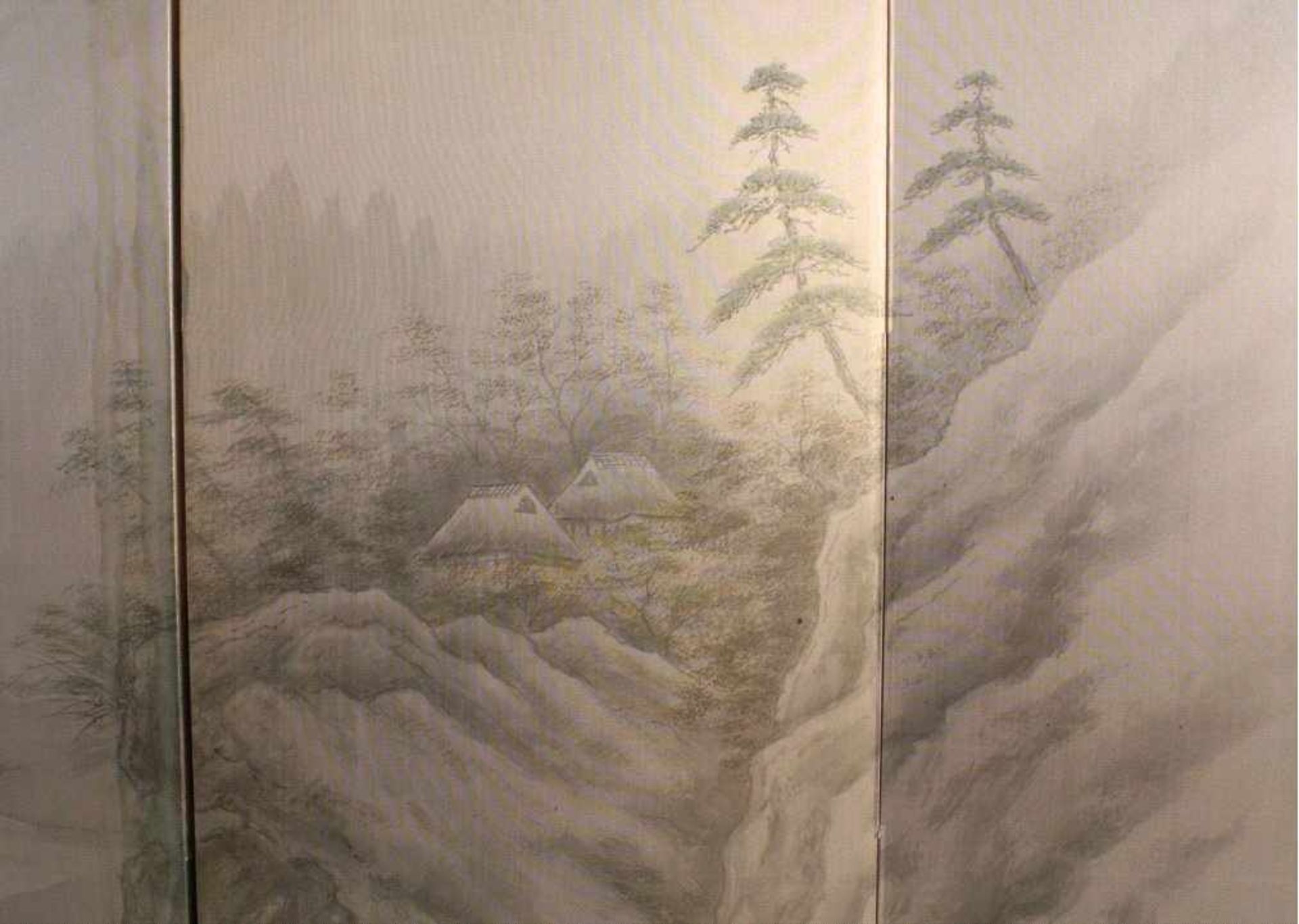 Chinesisches WandbildSehr feine Landschafstmalerei auf Seide, Stempelmarke undSignatur, Klappbild, - Image 3 of 4