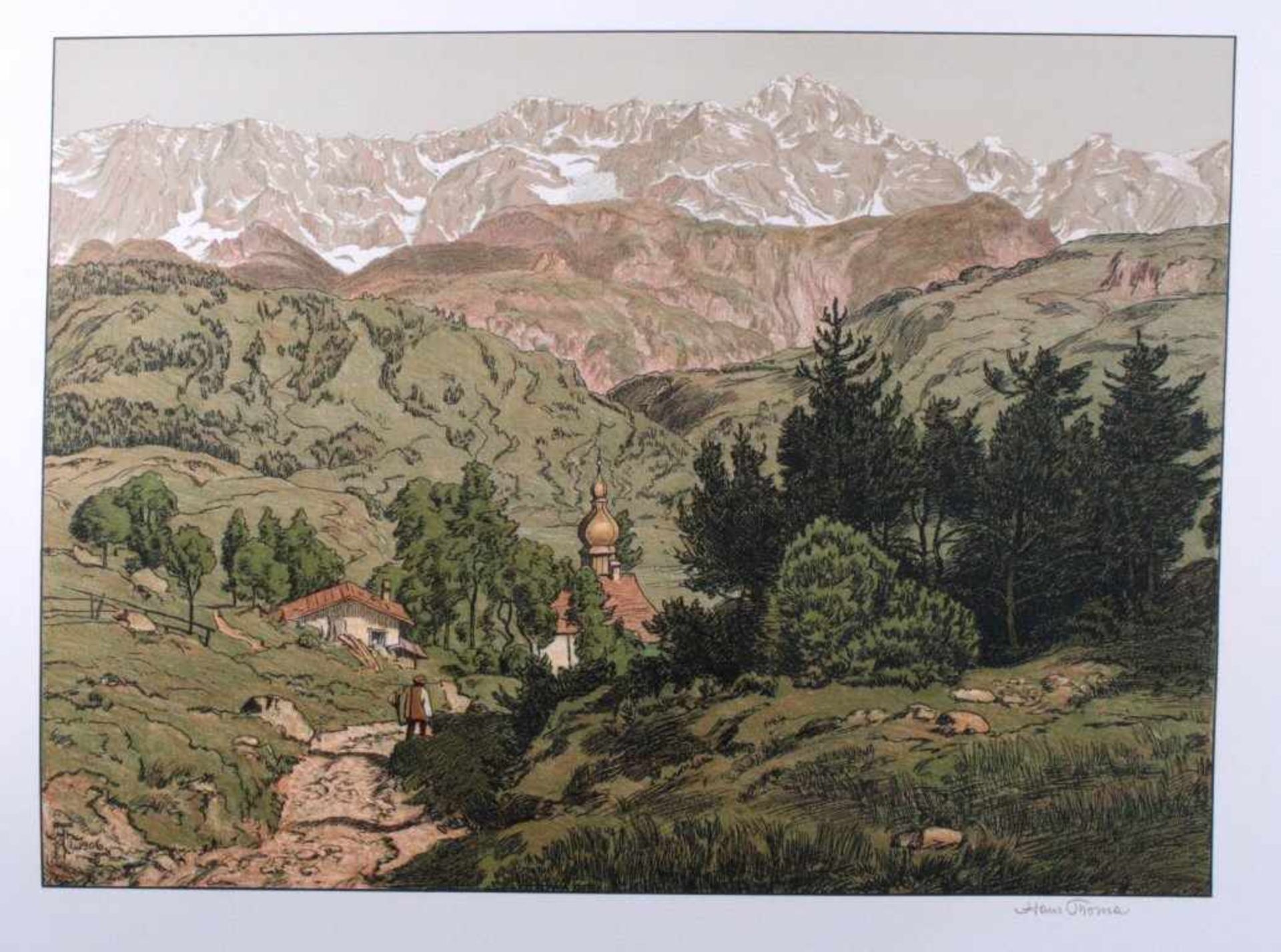 Hans Thoma 1839-1924. Berglandschaft mit Kirche (1906)Farbgraphik, in der Platte monogrammiert und