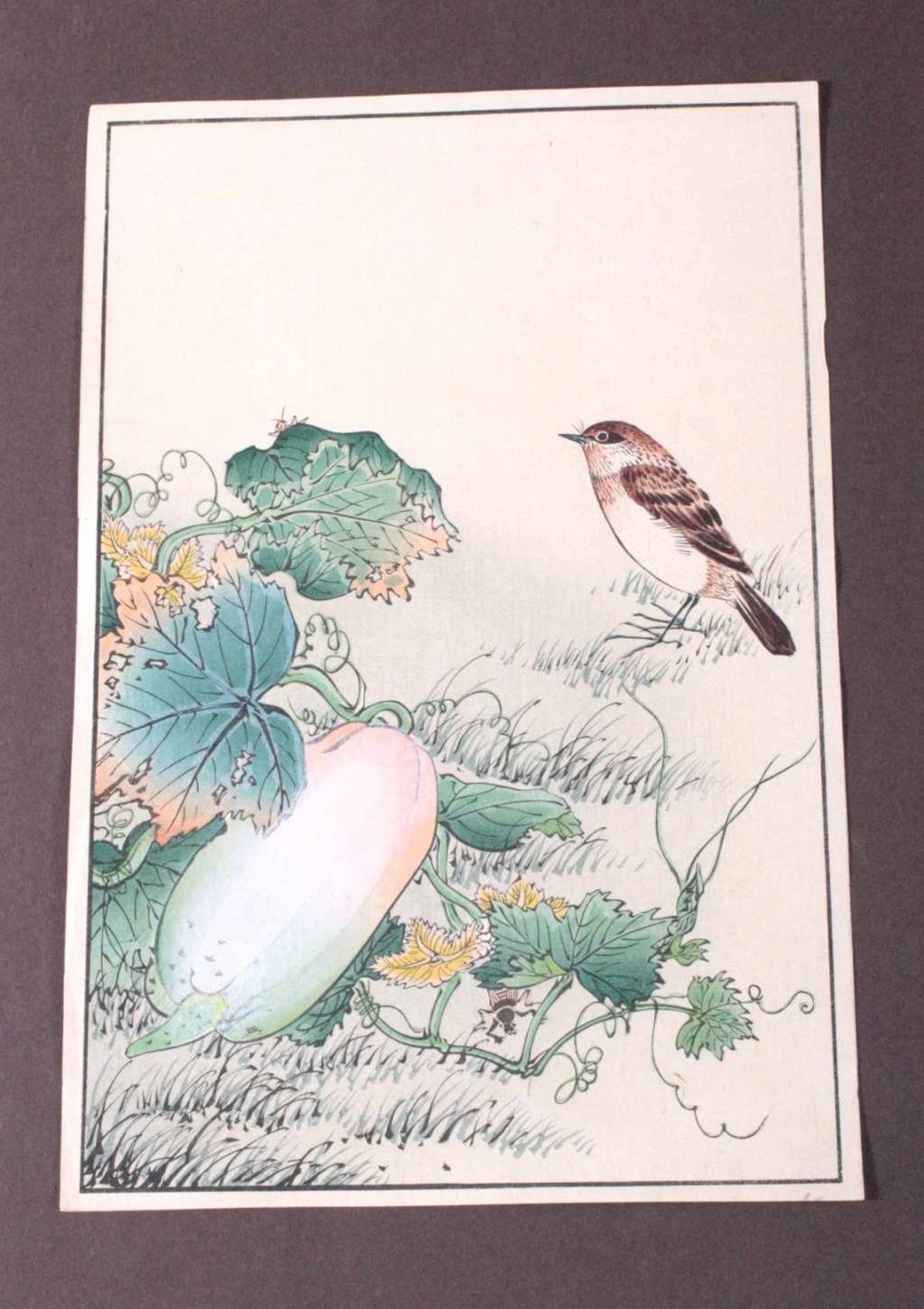 Nakayama Sugahudo ?-?, Vogel mit KürbisFarbholzschnitt, auf der Rückseite mit Bleistift signiert,ca.