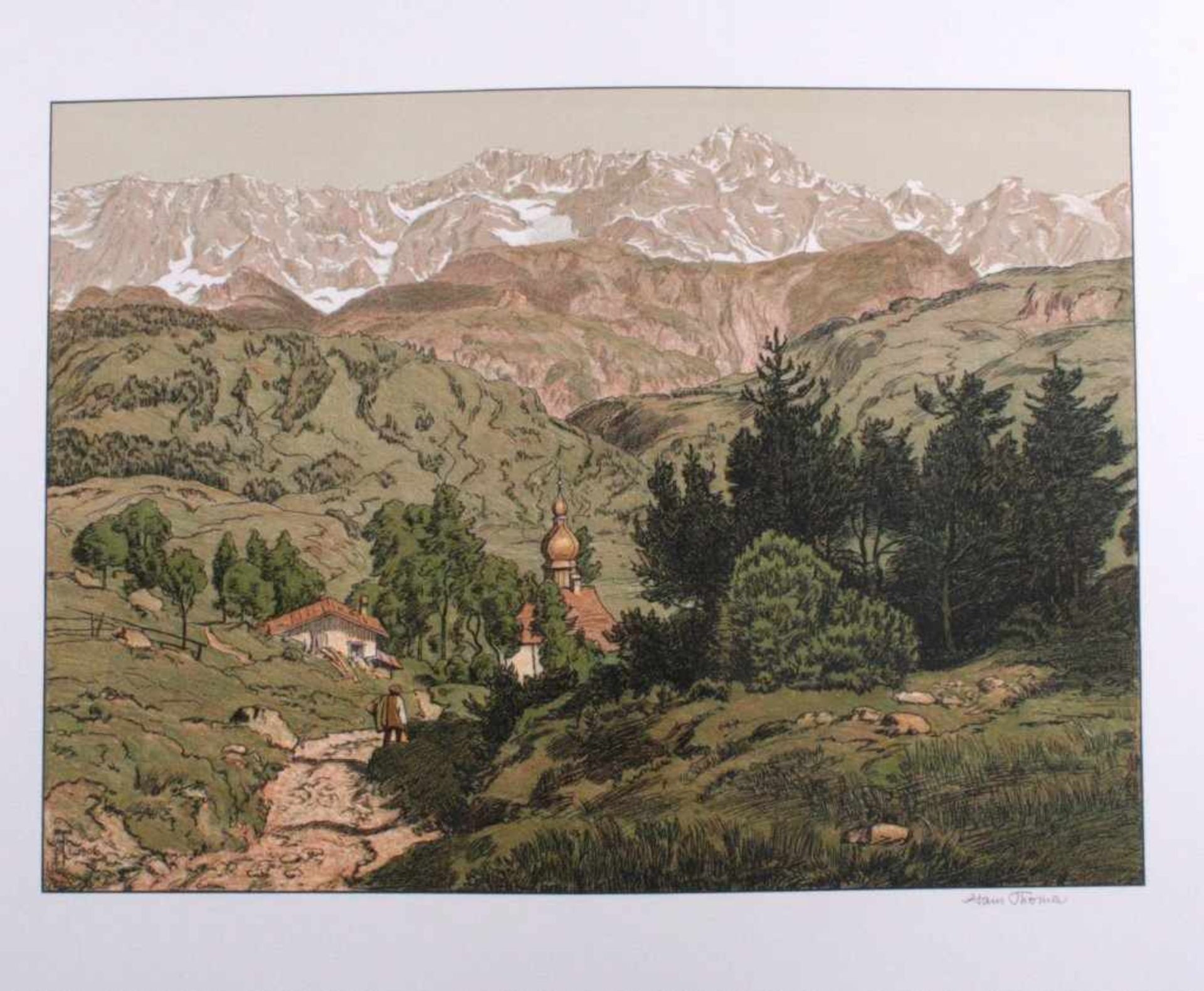 Hans Thoma 1839-1924. St. Anton bei Partenkirchen (1906)Farbgraphik, in der Platte monogrammiert und