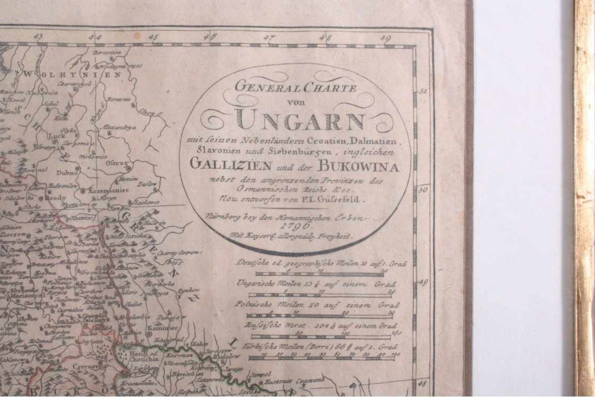 Altkolorierte Kupferstichkarte Ungarn von 1796Mittelfalte, hinter glas im Passepartout gerahmt,ca. - Bild 2 aus 3
