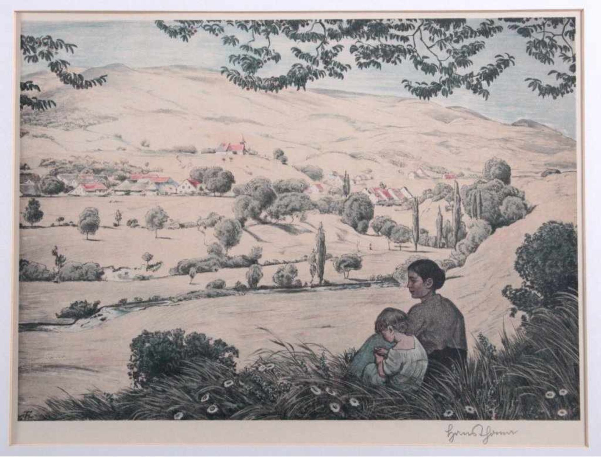 Hans Thoma (1839-1924) "Sommerliche Landschaft"Grafik Multiple, hinter Glas im Passepartout gerahmt, - Bild 2 aus 4