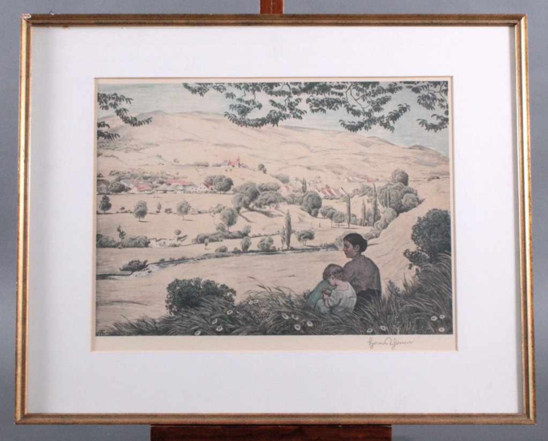 Hans Thoma (1839-1924) "Sommerliche Landschaft"Grafik Multiple, hinter Glas im Passepartout gerahmt,