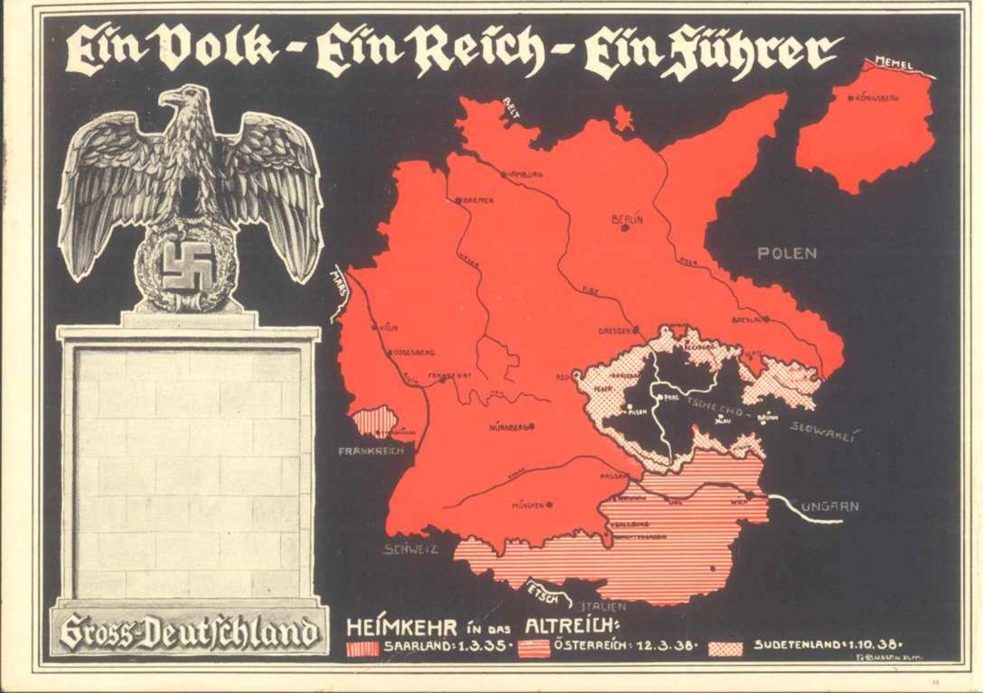 1938 PROPAGANDAKARTE EINVOLK - EIN REICH - EIN FÜHRERfarbige Karte, blankogestempelt mit Thematik