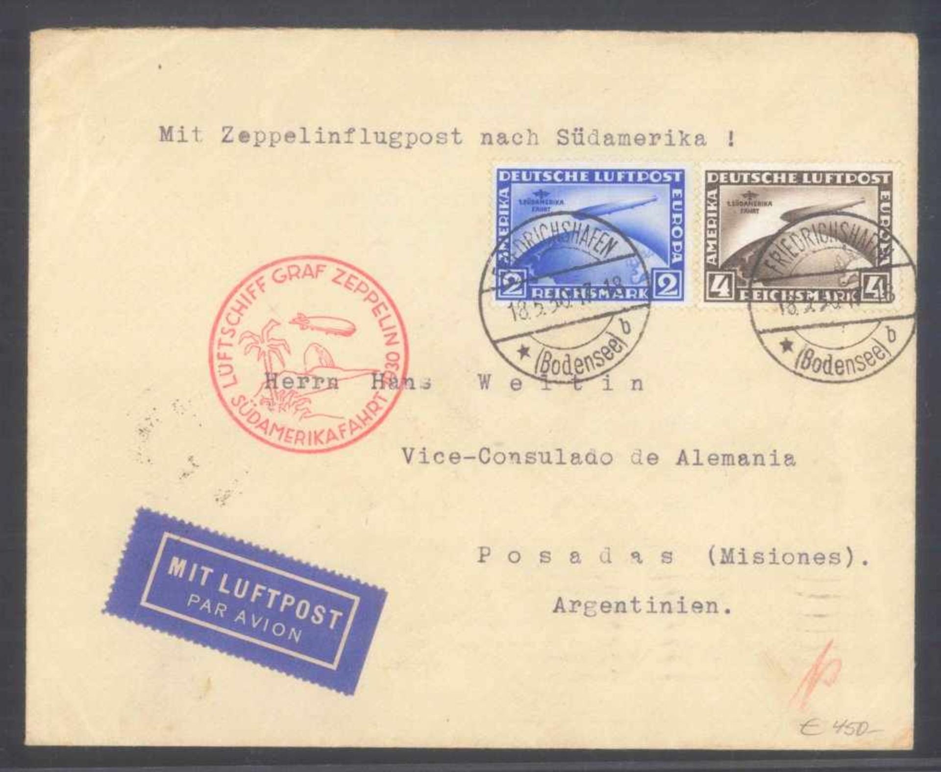 DEUTSCHES REICH 1930, ZEPPELIN SÜDAMERIKA-FAHRTMichelnummern 438 und 439 auf Luftpostbrief