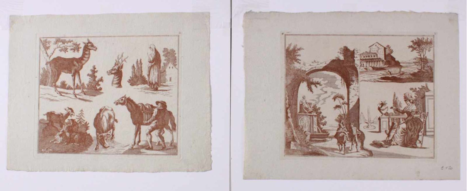 2 Kupferstische, Frankreich um 1840"Landschaften und Tiere", auf Bütten in Braun gedruckt.Anonyme