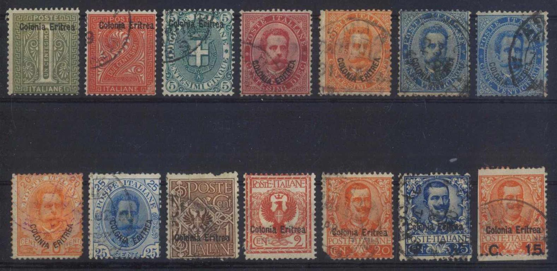 1893 ITALIENISCH-ERITREAklassische Marken ab 1893, gesamt 14 Stück inunterschiedlicher Erhaltung.