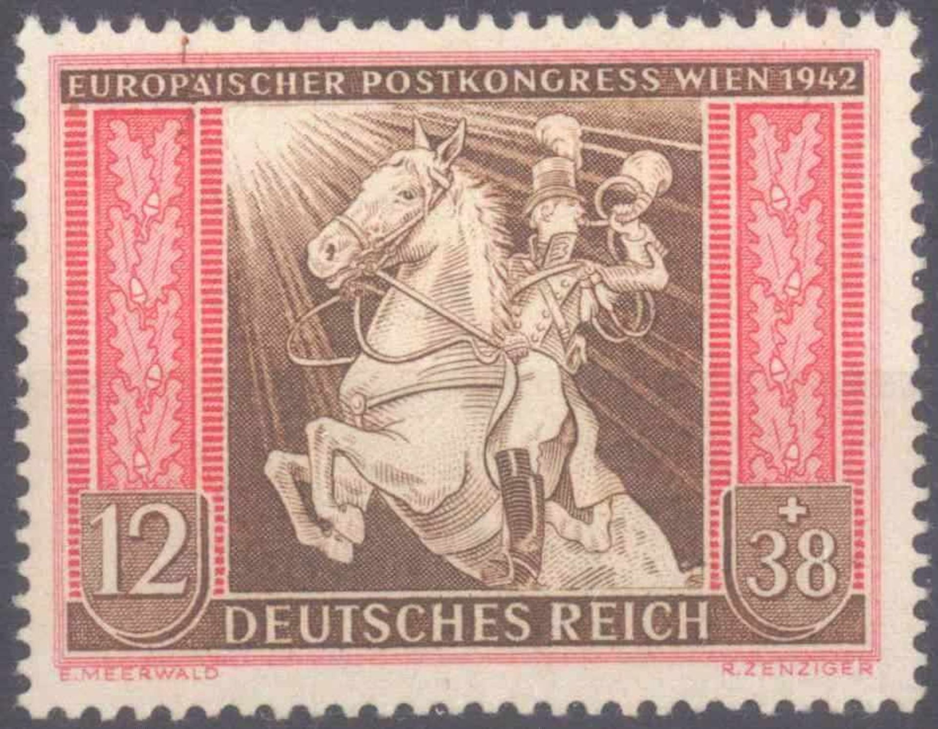1942 III. REICH; 12+38 Pfennig Postkongress, KW 110 Euromit Plattenfehler I "brauner Strich und