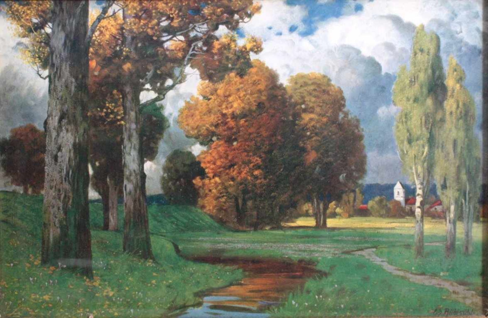 Eduard Paul Rüdisühli (1875 - 1938)Öl auf Pappe, "Herbstliche Bachlandschaft mit Gebäuden",gemalt, - Image 2 of 4