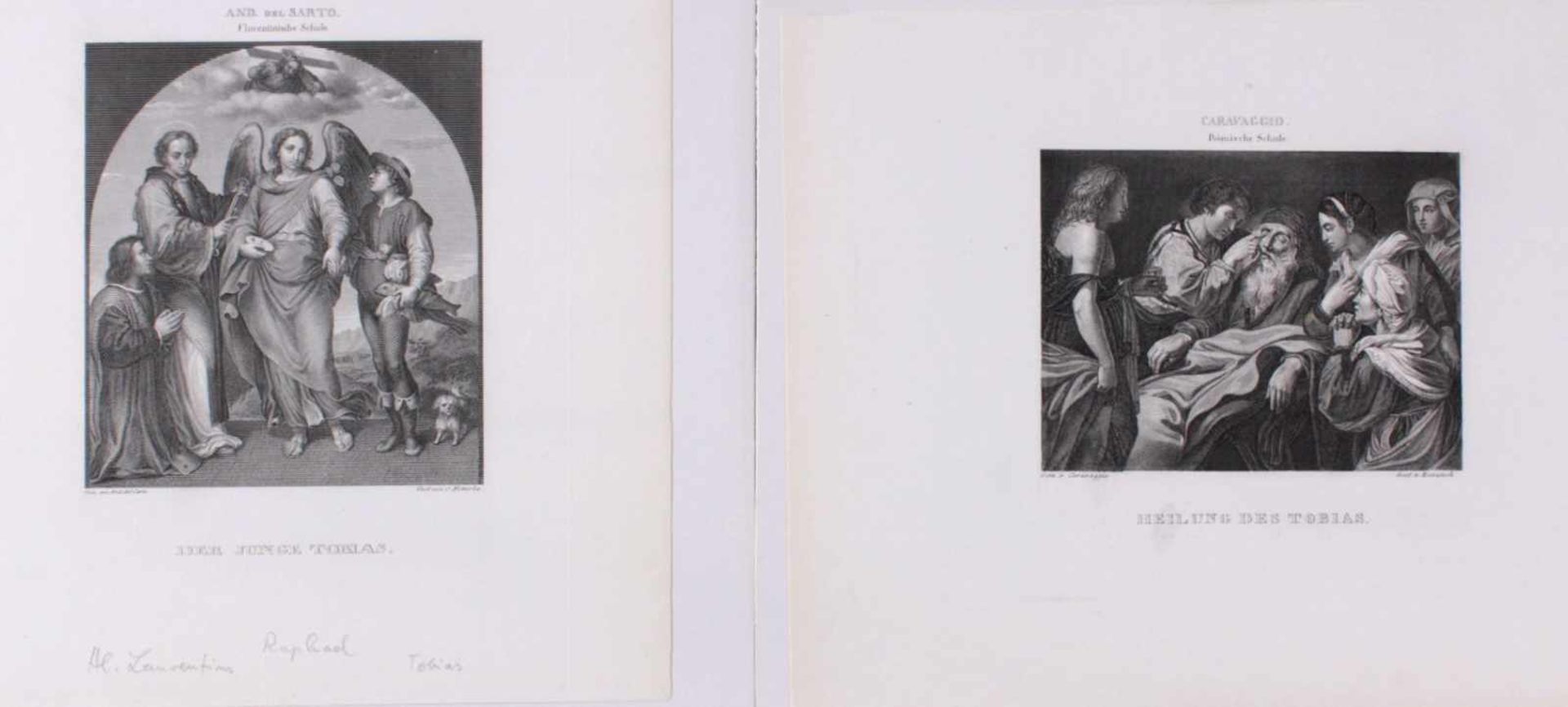 2 Stahlstische um 1840. Heilung des alten Tobias -Der Junge Tobias, nach Caravaggio und And. del