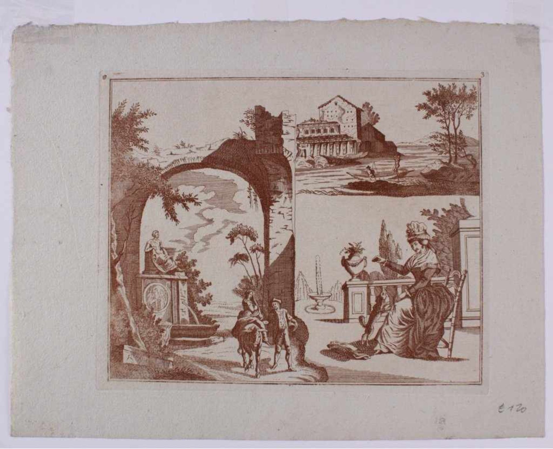 2 Kupferstische, Frankreich um 1840"Landschaften und Tiere", auf Bütten in Braun gedruckt.Anonyme - Bild 3 aus 3