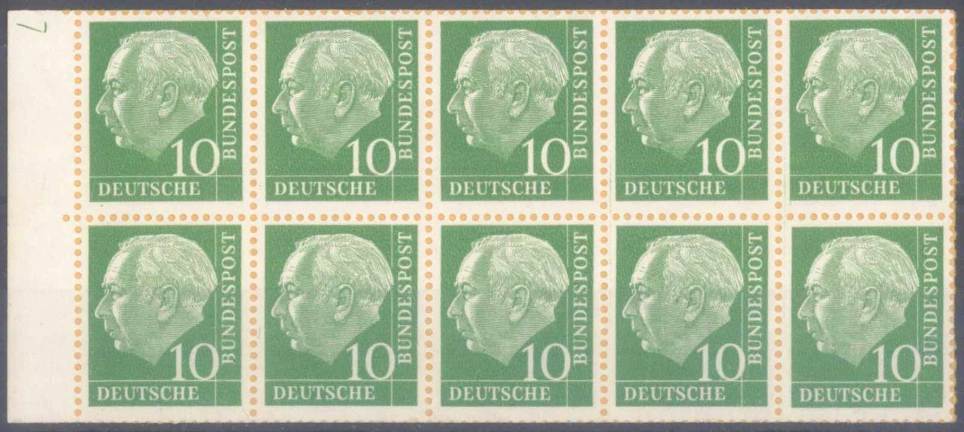 1960 HEUSS H-Blatt 10 f b aus Markenheftchen der NACHAUFLAGEMichelnummer H-Blatt 10 f b mit dem