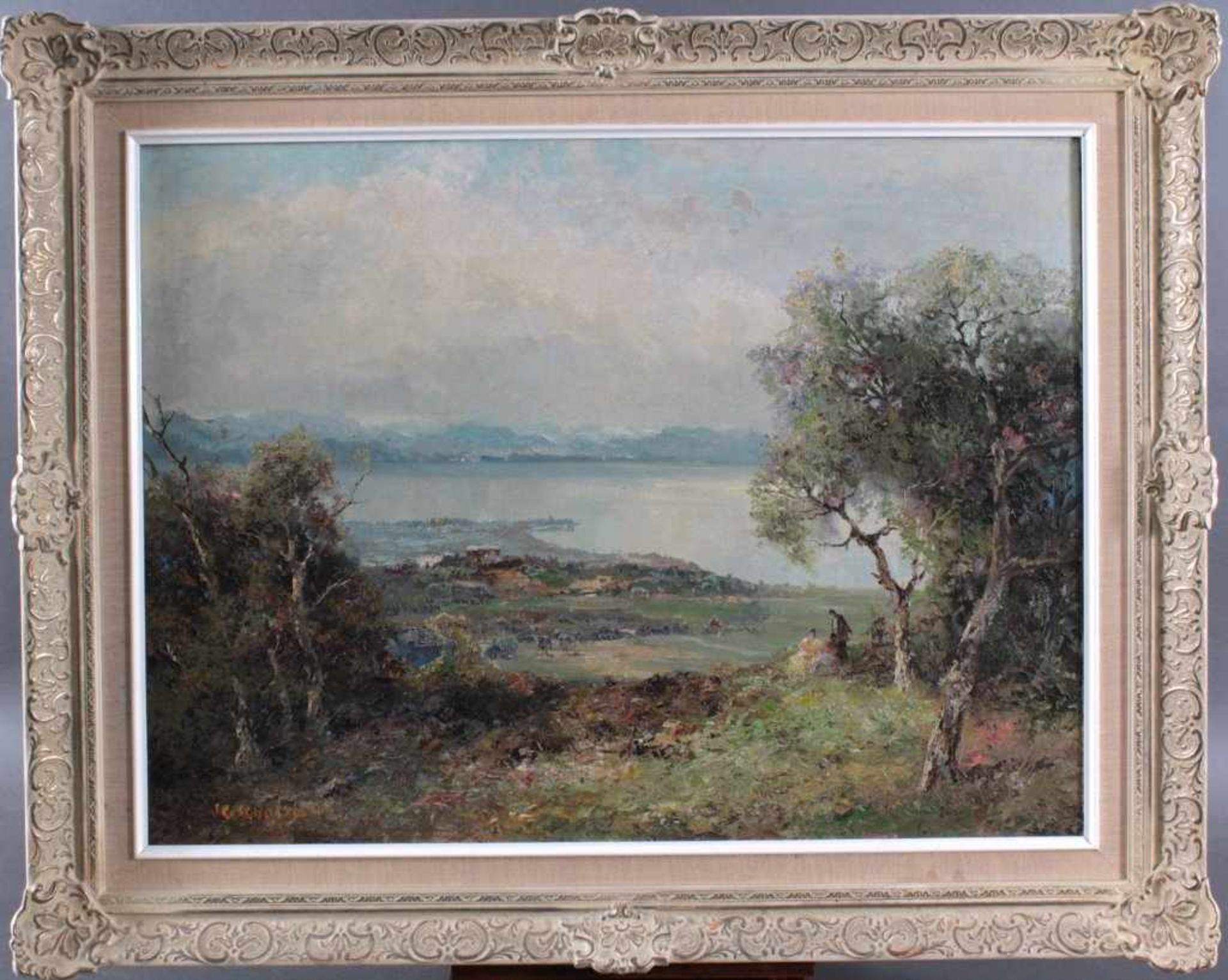 Ludwig Schosmann (1901-?)Öl / Lwd, Seenlandschaft, gerahmt, ca. 79cm x 59cm, MaßeRahmen ca. 100cm