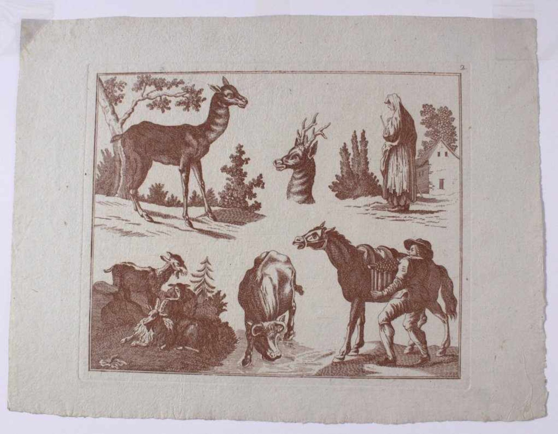 2 Kupferstische, Frankreich um 1840"Landschaften und Tiere", auf Bütten in Braun gedruckt.Anonyme - Bild 2 aus 3