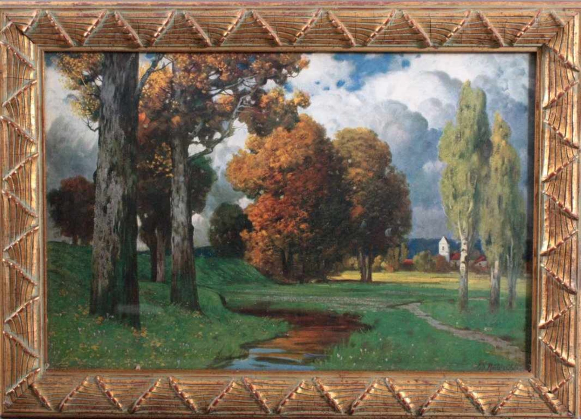 Eduard Paul Rüdisühli (1875 - 1938)Öl auf Pappe, "Herbstliche Bachlandschaft mit Gebäuden",gemalt,