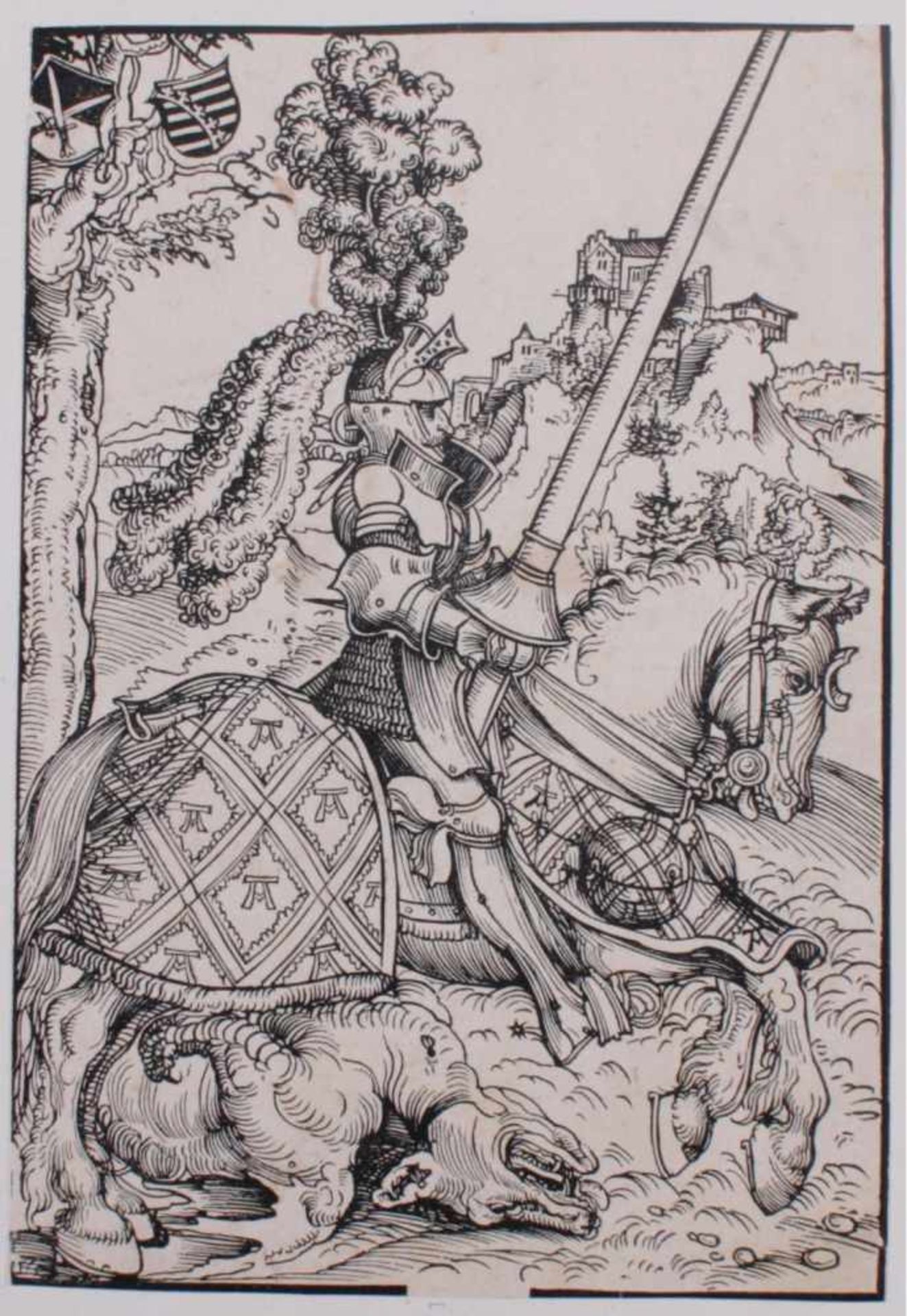 Lucas Cranach d. Ä. (1472 Kronach - Weimar 1553)Der Hl. Georg mit dem toten Drachen.Holzschnitt,