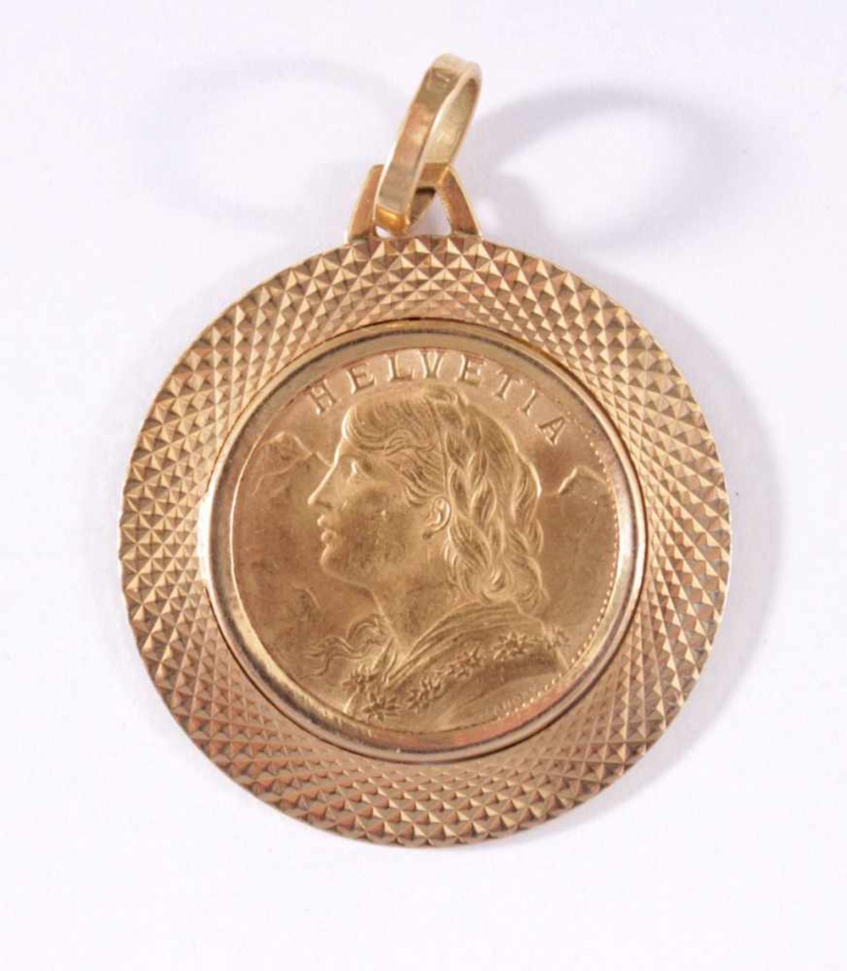 Anhänger mit Münze, Vreneli 20 Franken Gold v. 1947900/000 Goldmünze, Fassung 750/000 GG, ca. D- 3,1