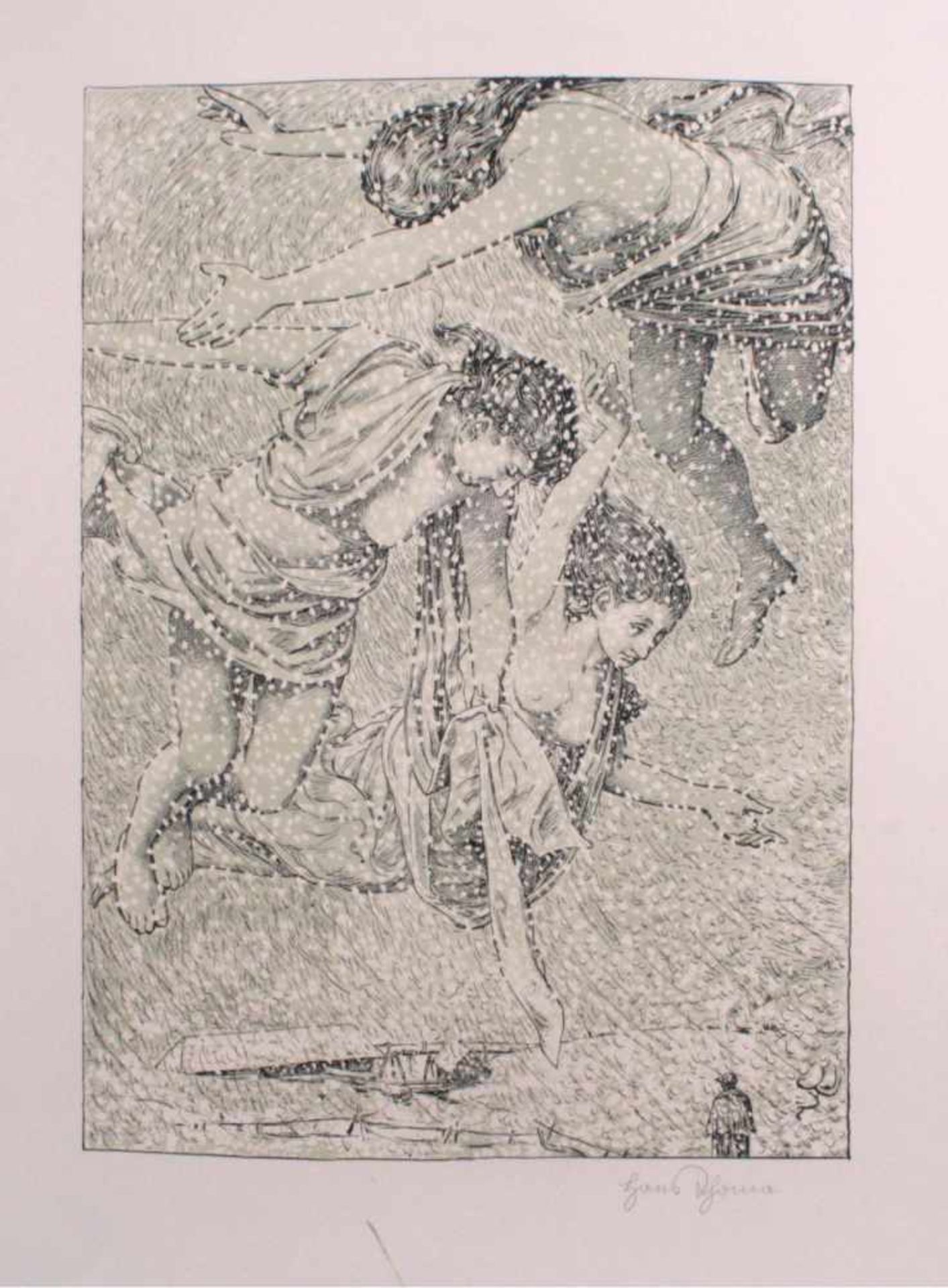 Hans Thoma 1839-1924. Mythologische SzeneFarbgraphik, unten rechts mit Bleistift signiert,ca. 49,5 x