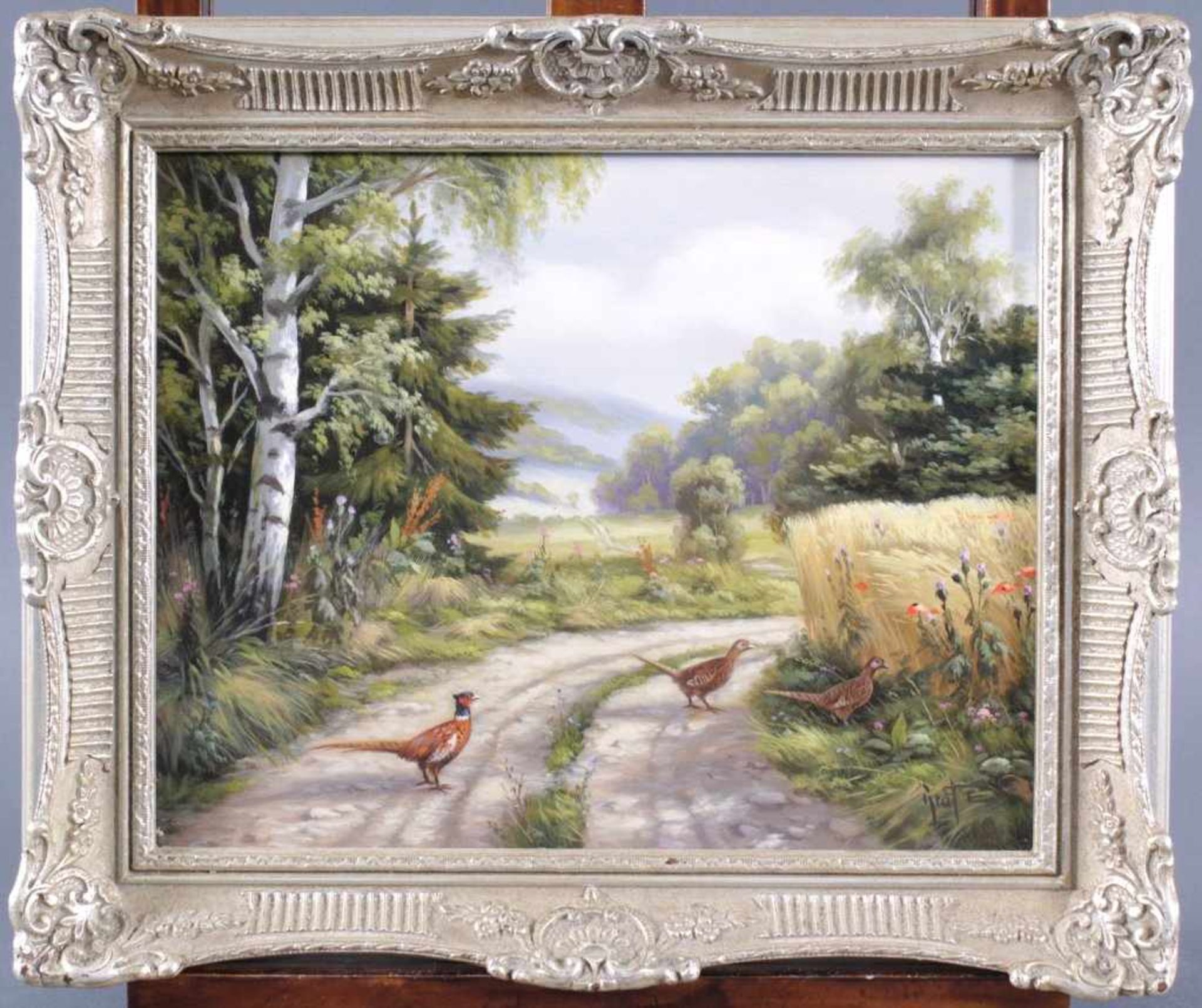 E. Graf ?-?, Sommerlandschaft mit FasanÖl auf Holz gemalt, unten rechts signiert, gerahmtca. 23 x 29