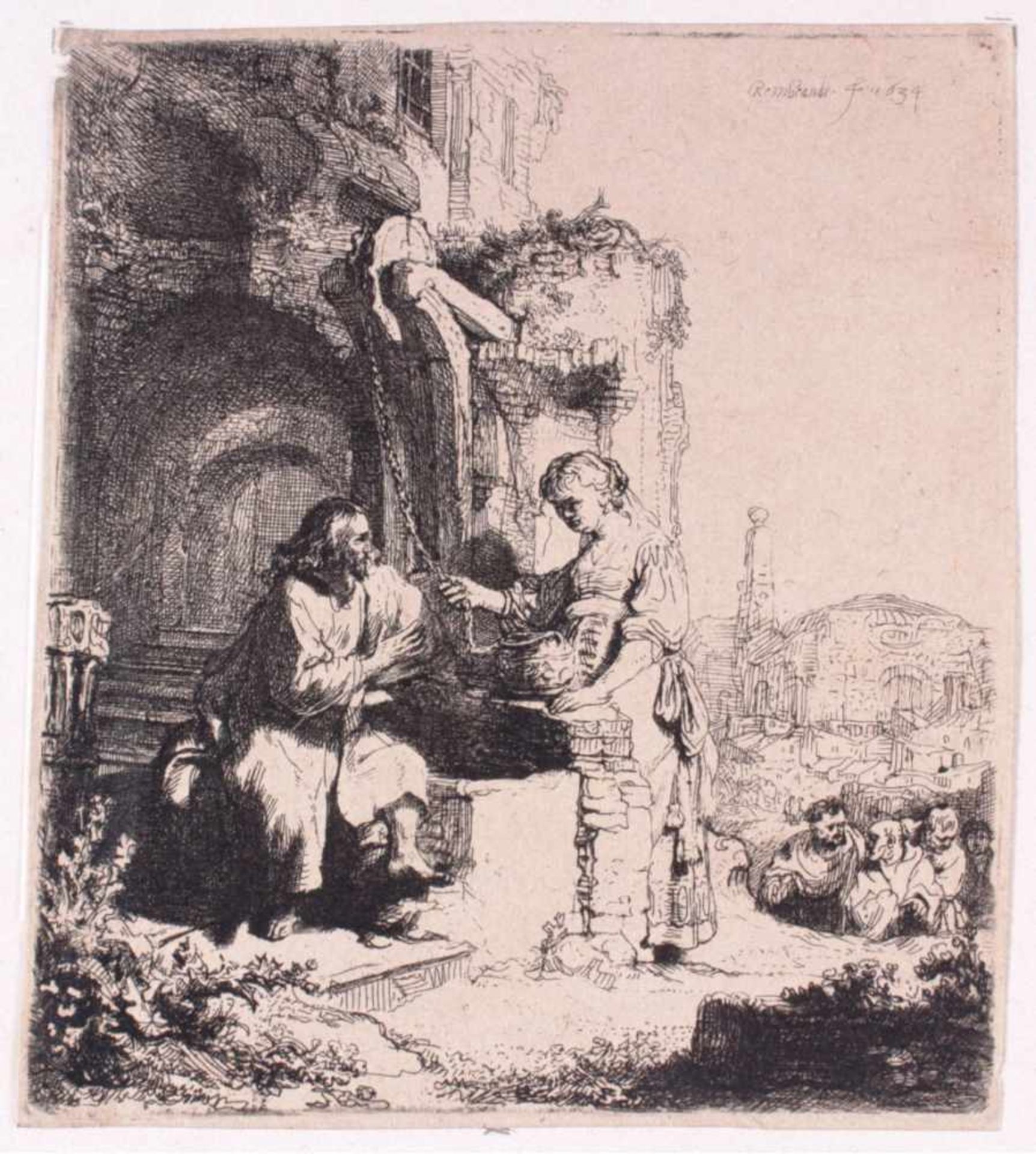 Rembrandt van Rijn (1606 - 1669)Christus und die Samariterin zwischen Ruinen. Radierung.12,2 x 10,