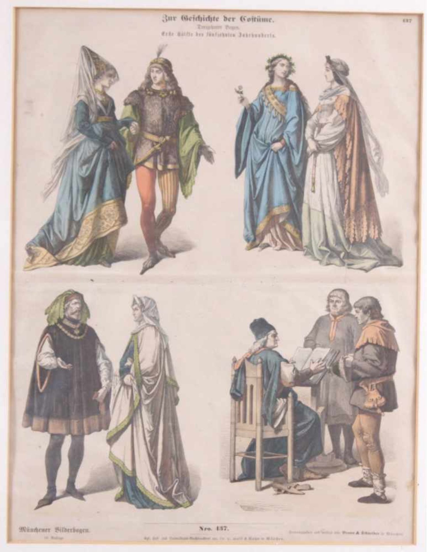 4 Grafiken2x die Geschichte der Kostüme, Münchner Bilderbogen Nr. 437und 596, handkoloriert, - Bild 3 aus 5