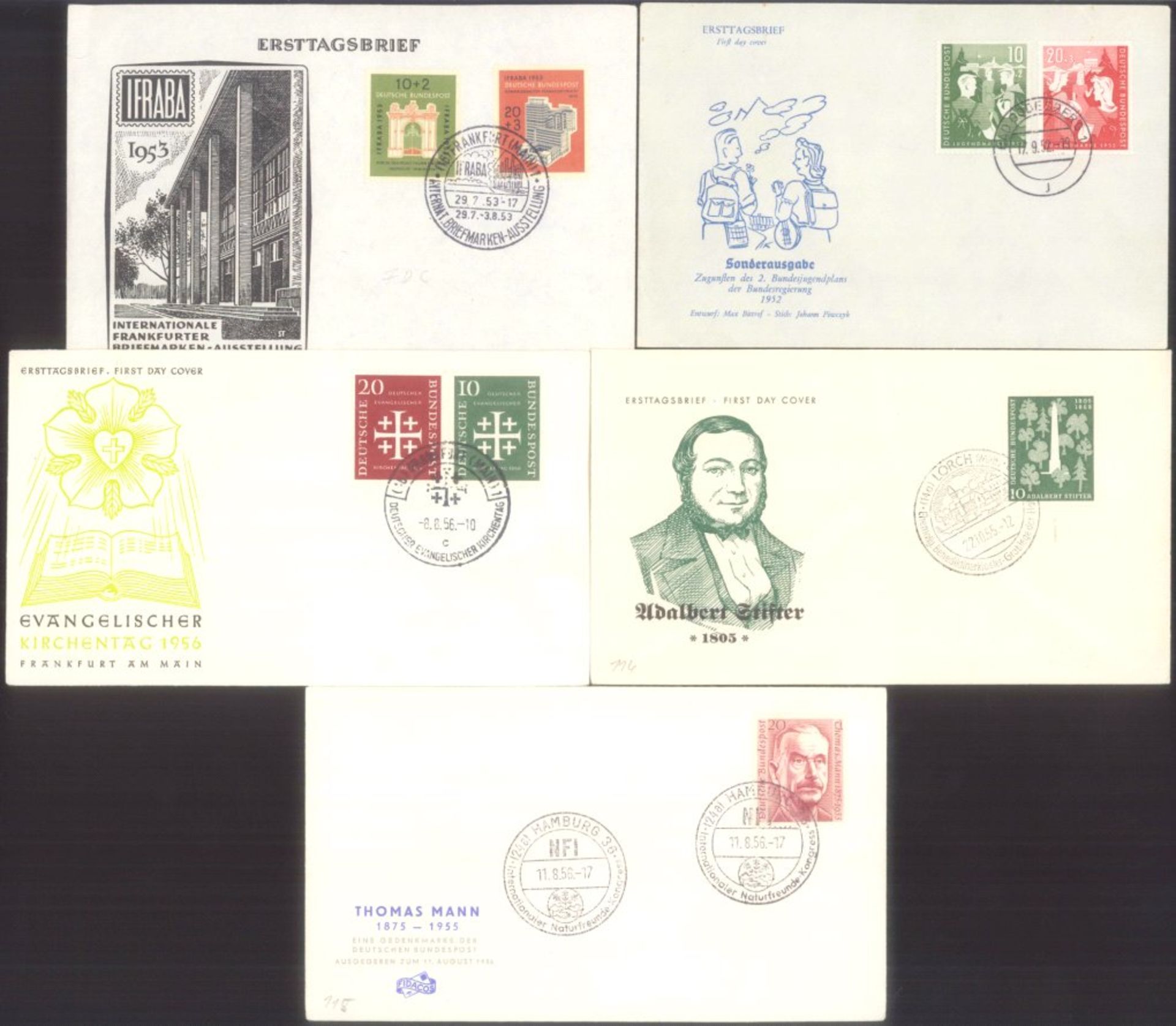 BUND 1952-1956, bessere Ersttagsbriefe!5 verschiedene anschriftenfreie Schmuck-FDC Mit