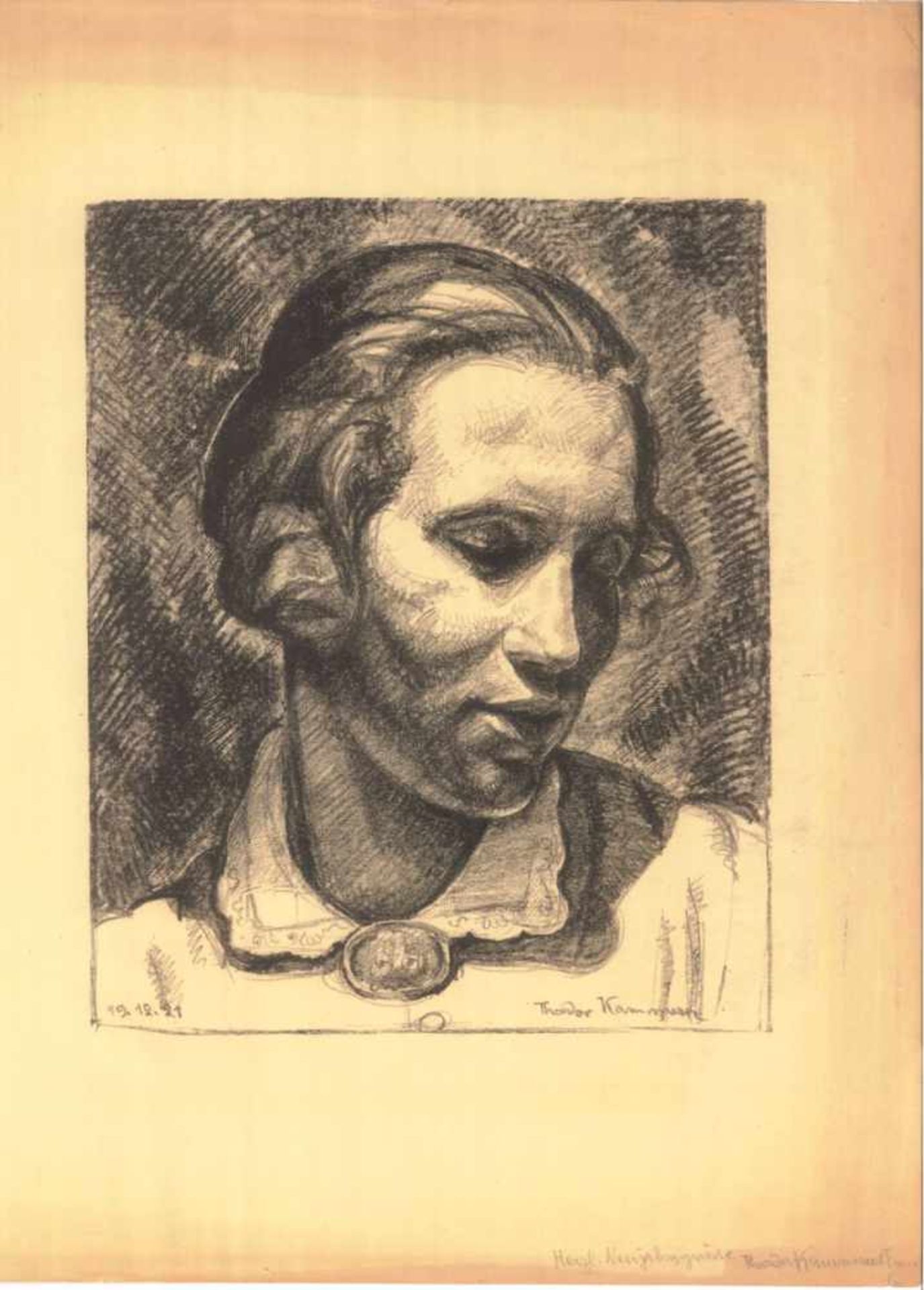 Theodor Kammerer (1894 Freiburg - Waldkirch 1961)Lithographie 1921, "Frauenbildnis", im Stein