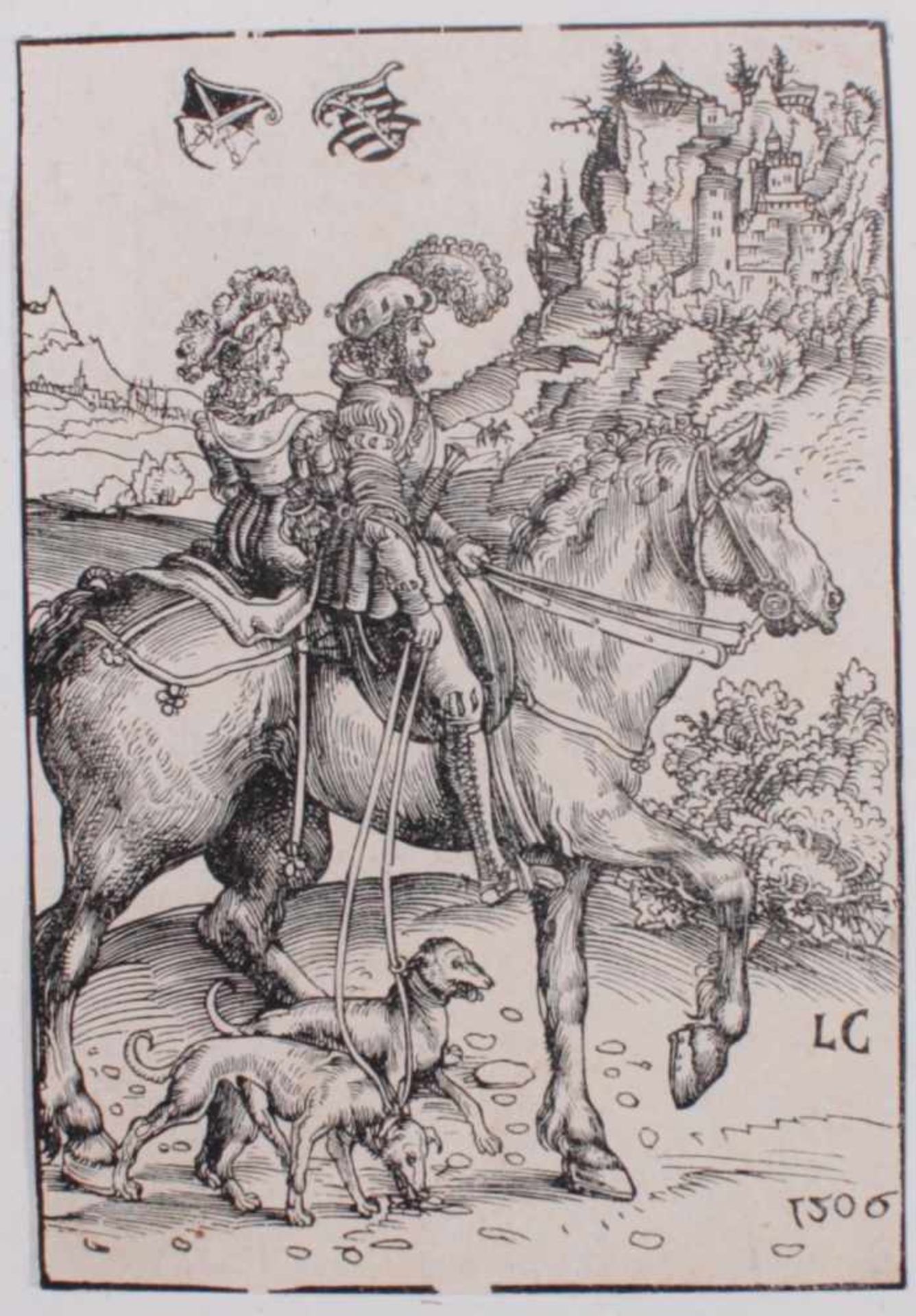 Lucas Cranach d. Ä. (1472 Kronach - Weimar 1553)Fürst mit seiner Dame zu Roß. 1506. Holzschnitt, ca.