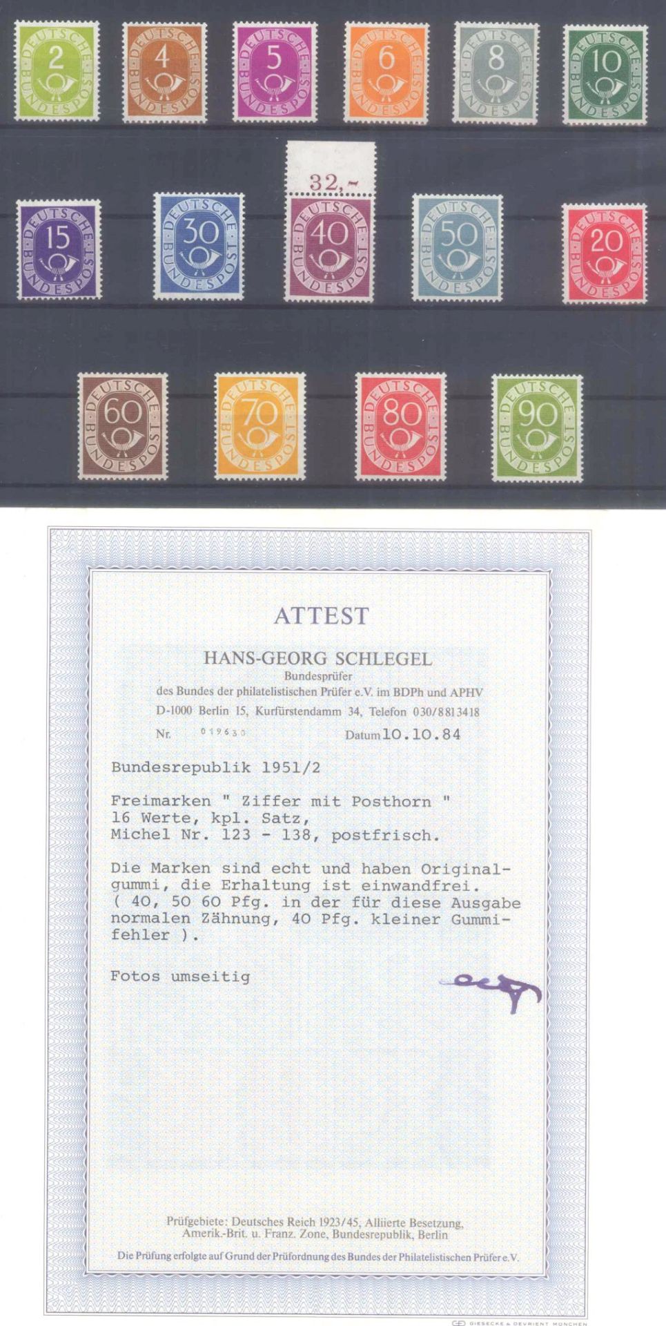 BUND 1951, Posthorn, ATTEST Schlegel BPP, KW 2000 EuroMichelnummern 123-138 (OHNE die 131!),