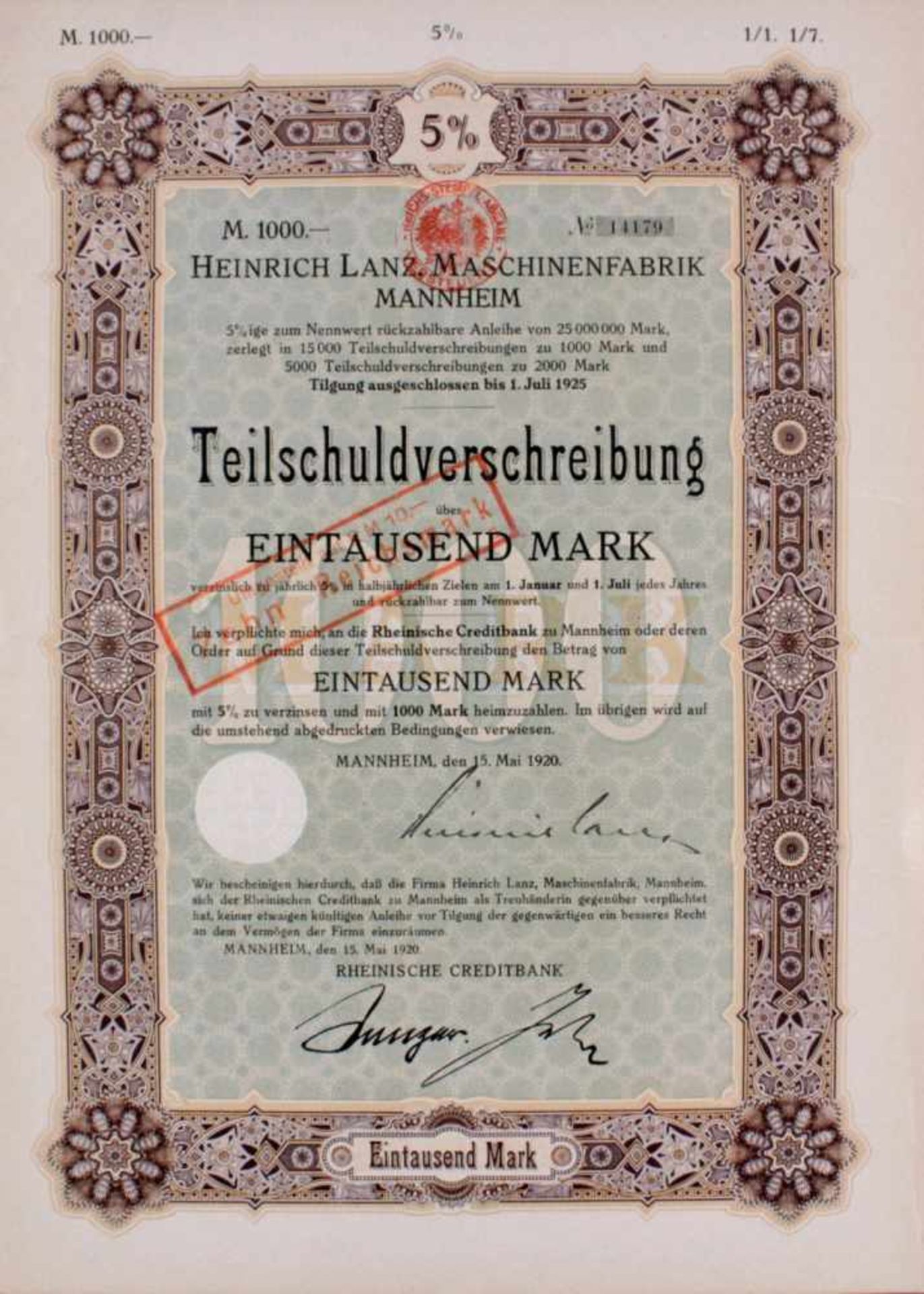 Heinrich Lanz Maschinenfabrik Mannheim Anleihe von 1920mit Original Autograph von Lanz