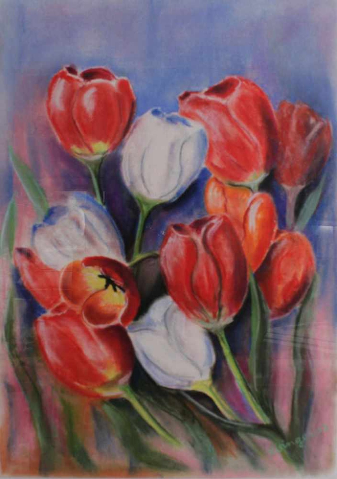 Erich Eisinger, TulpenbildKreide auf Papier, ca. 59,7 cm x 41,7 cm, gerahmt ca. 57 cmx 76,5 cm.