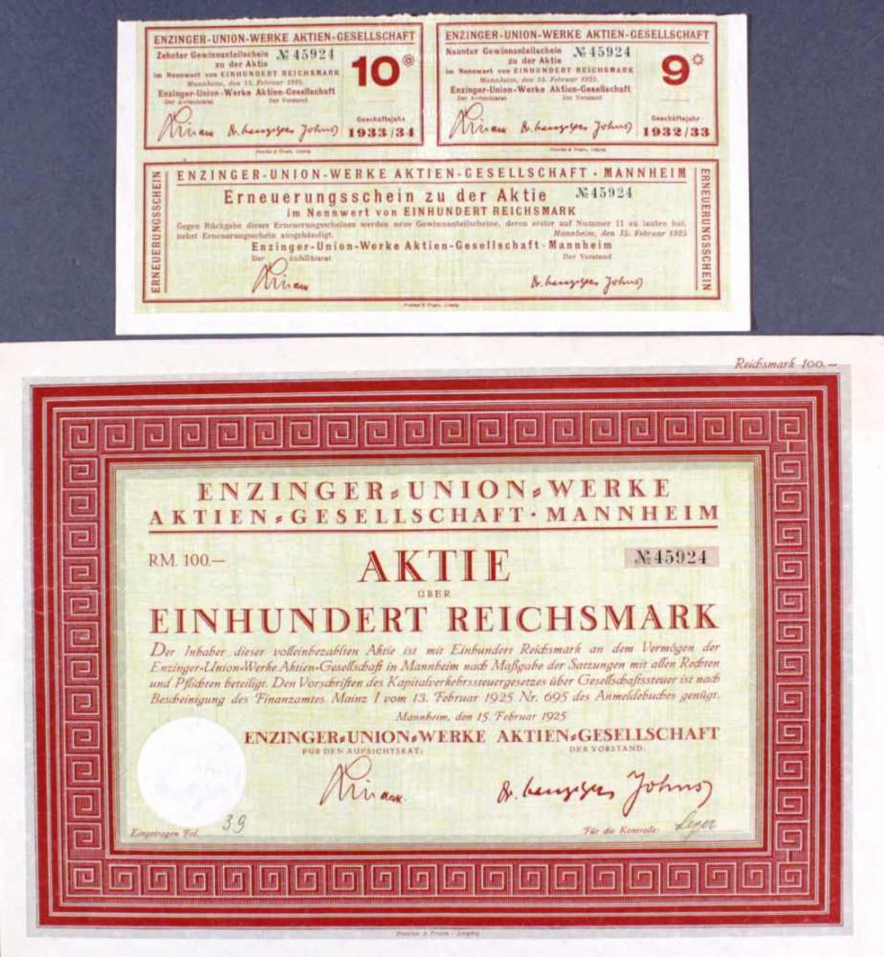 Enzinger-Union-Werke AG Anleihe von 1925, Gründeraktieeinschließlich 2 Coupons und