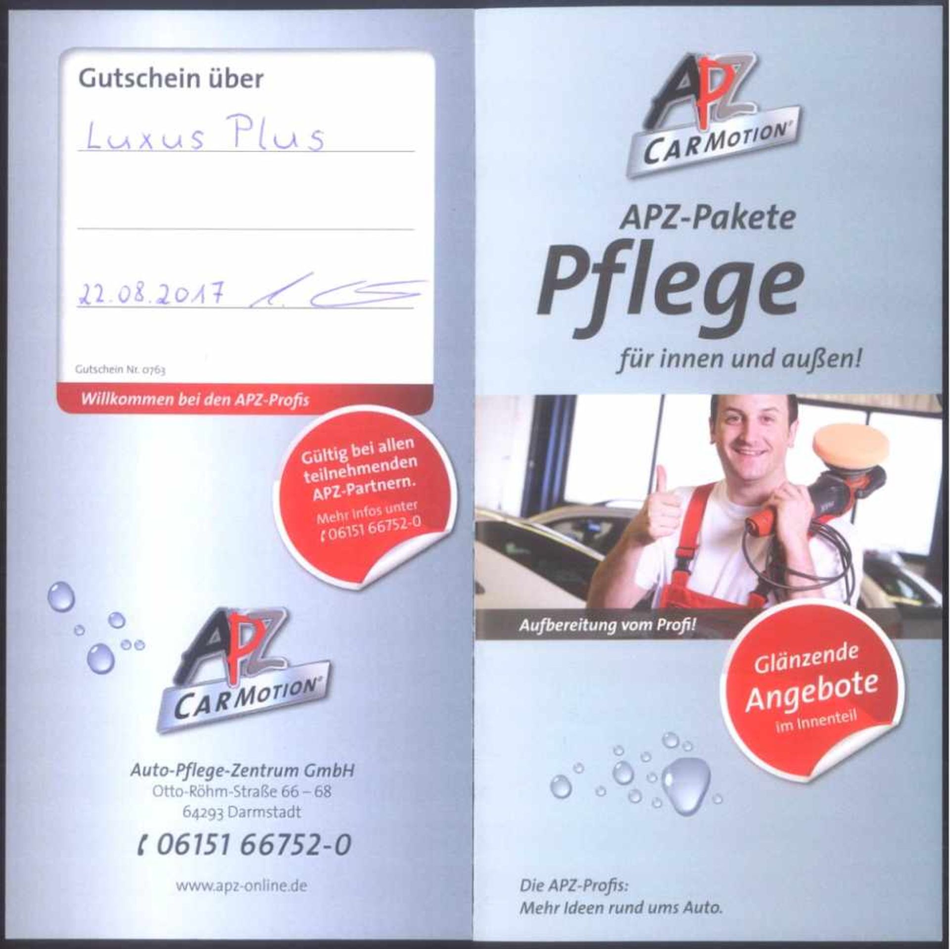 Gutschein APZ Car Motion Pflege für Innen und AussenGutschein für eine Autopflegebehandlung Luxus - Bild 2 aus 2