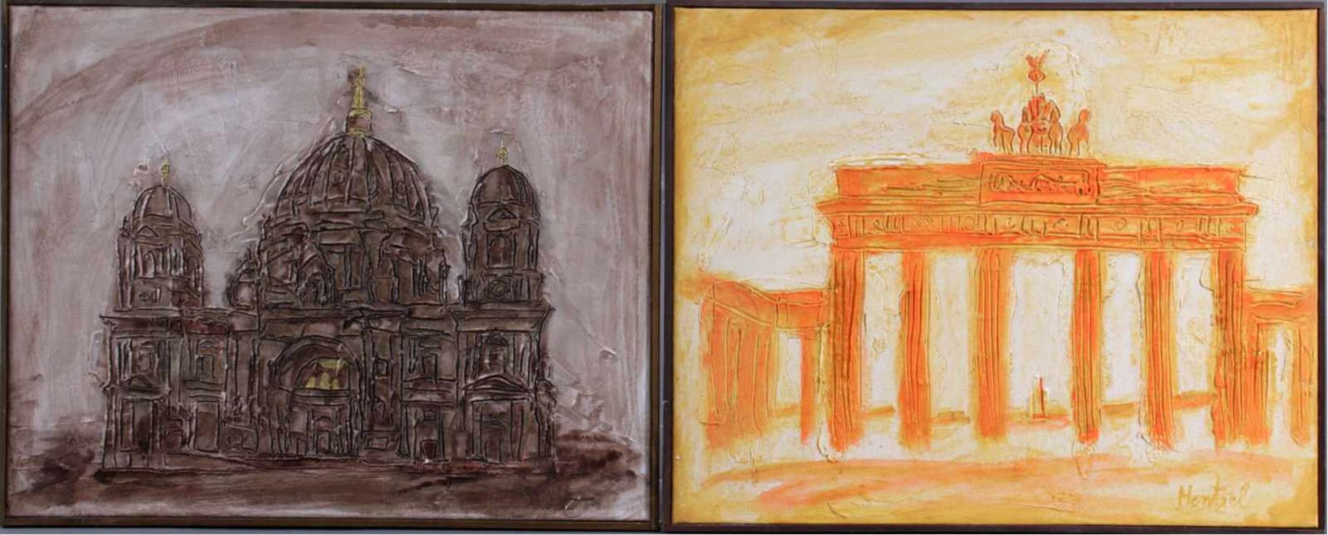 2 Reliefbilder Berliner KünstlerBeide Bilder gerahmt.1x Brandenburger Tor in gelb und rot, rechts