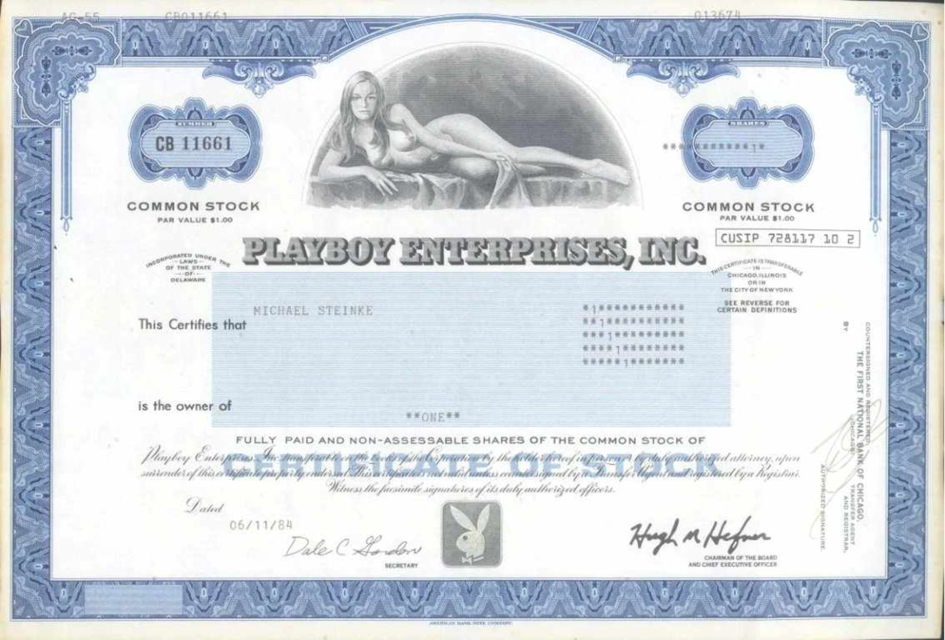 Playboy Aktie 1984ca. 30 x 20,5 cm, leichte vertikale Knickfalte, Schätzpreis180.- Euro