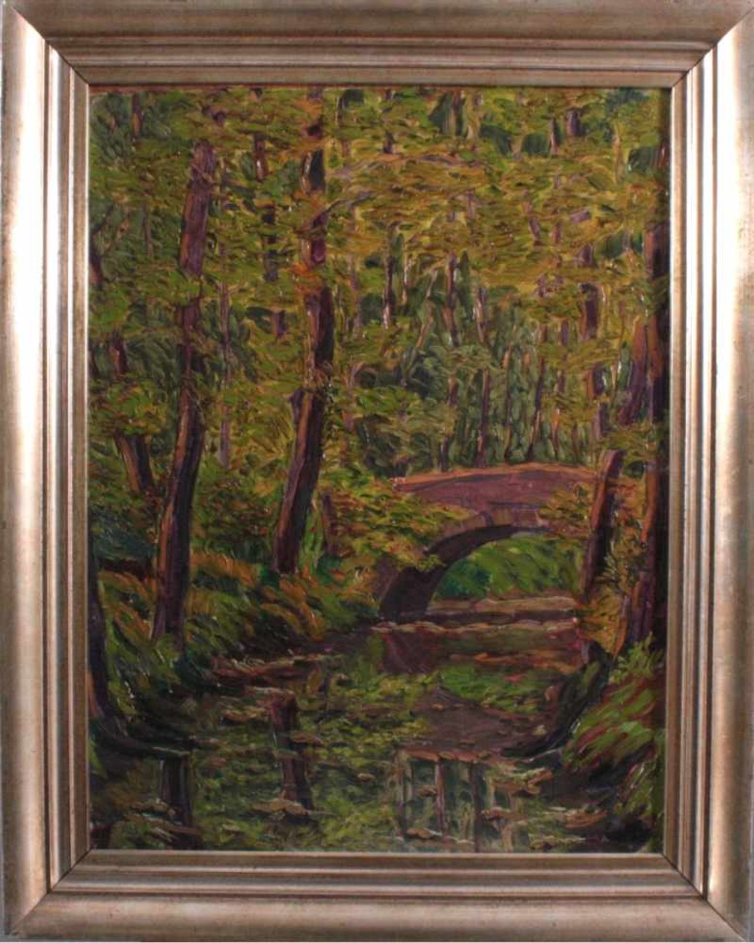 Unbekannter Künstler, Flußlandschaft mit BrückeÖl auf Pappe gemalt, unsigniert, gerahmt ca. 54 x