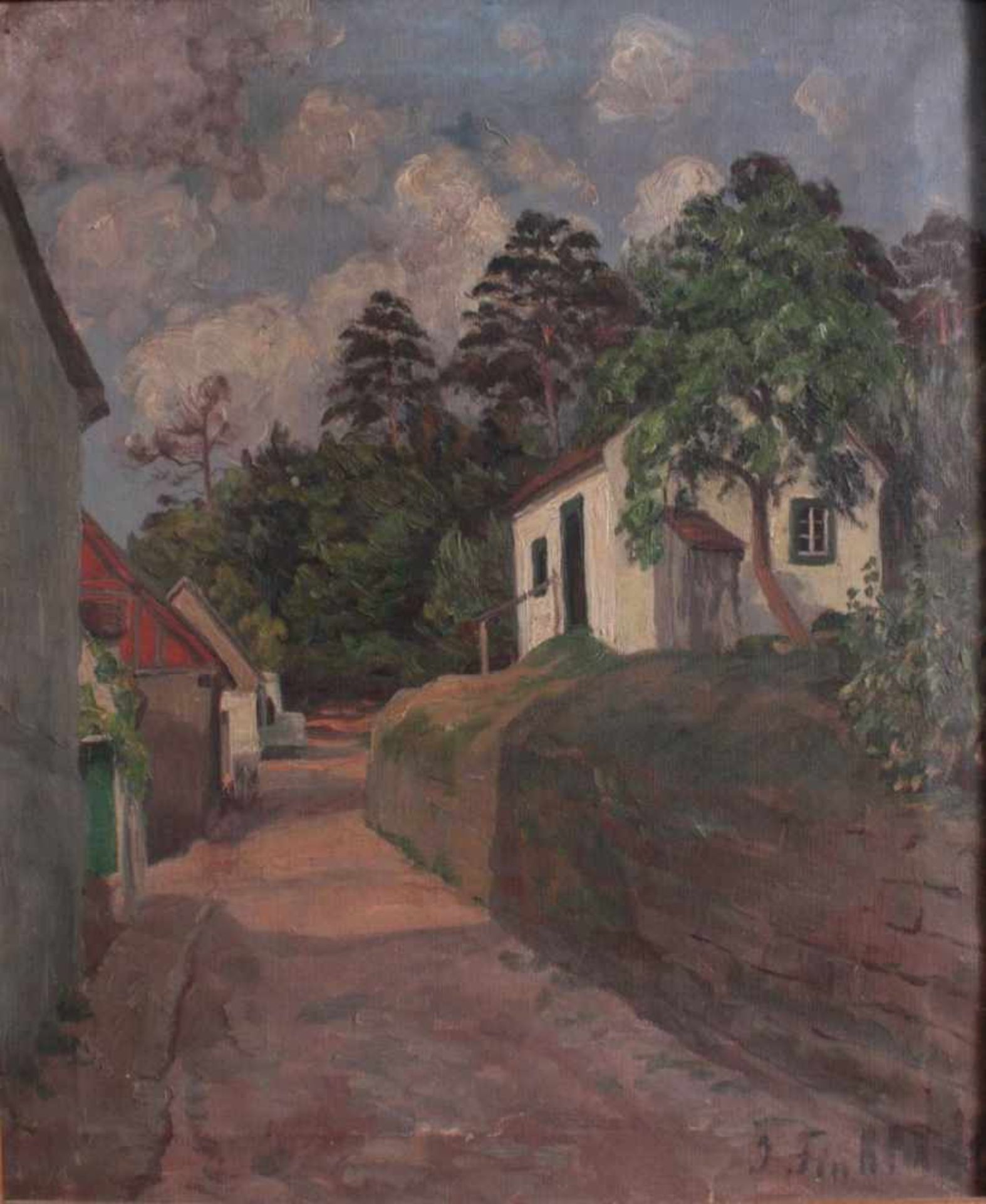 GemäldeÖl auf Leinwand, "Landschaft mit Gebäuden", rechts untenundeutlich signiert, ca. 59 x 48,5 - Bild 2 aus 3