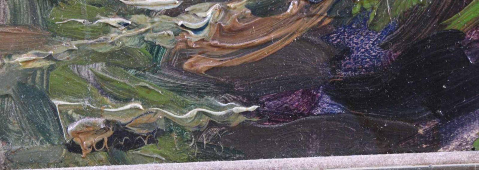 Unbekannter Künstler, Flußlandschaft mit BrückeÖl auf Pappe gemalt, unsigniert, gerahmt ca. 54 x - Bild 3 aus 4