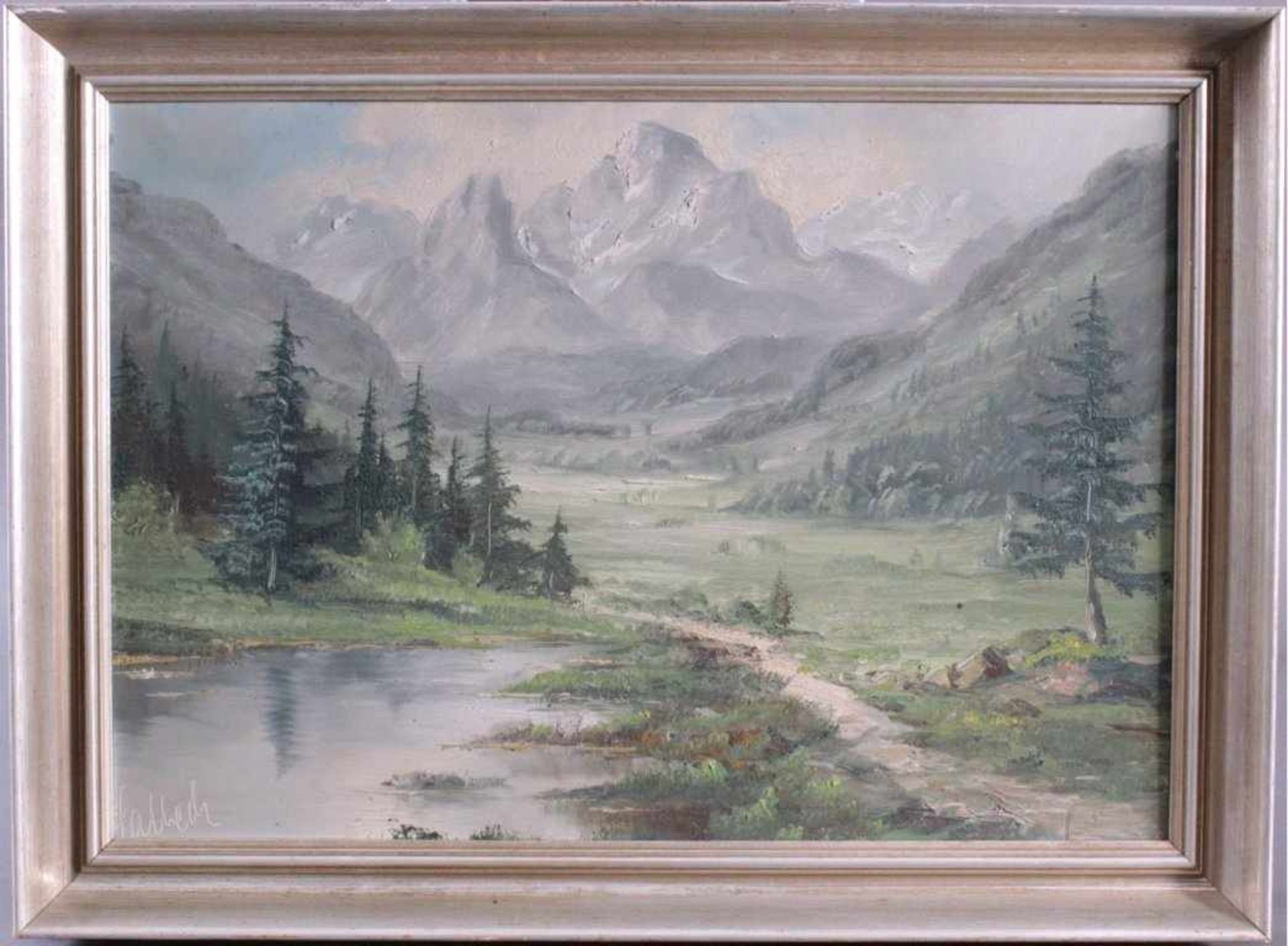 Bededikt Salbeck (XX), Bayrische Gebirgslandschaft mit SeeÖl auf Faserplatte gemalt, auf der - Bild 2 aus 3