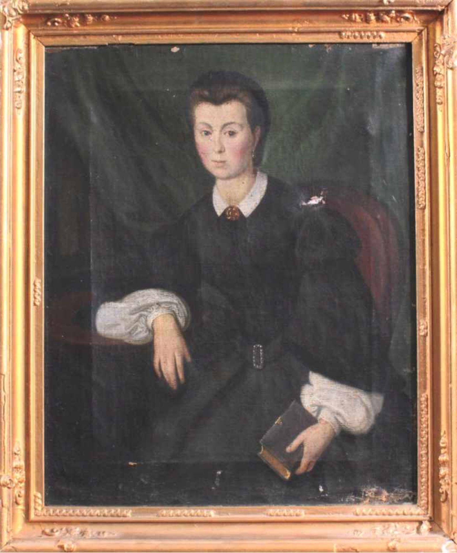 Unbekannter Künstler des 19. Jh.Sitzende Dame mit schwarzem Kleid und Bibel in der linkenHand. Öl