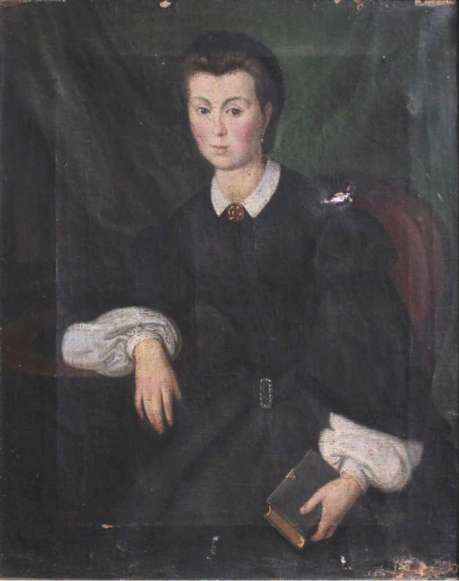 Unbekannter Künstler des 19. Jh.Sitzende Dame mit schwarzem Kleid und Bibel in der linkenHand. Öl - Bild 2 aus 5