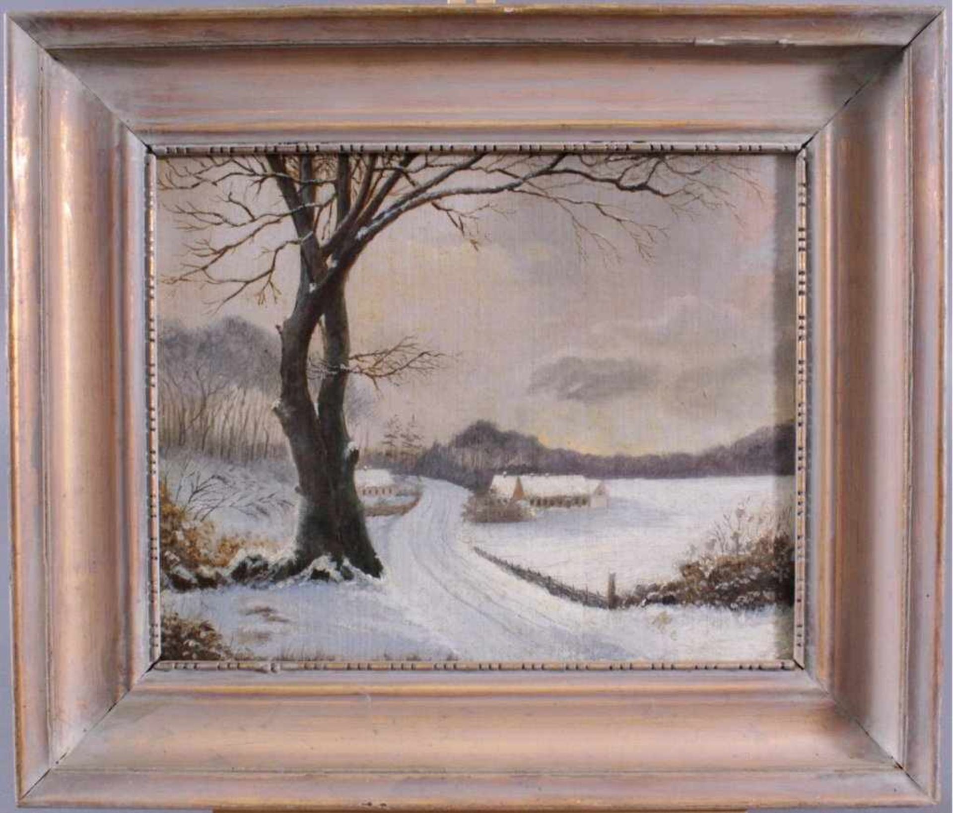 Unbekannter Künstler des 19. Jh.Winterliche Landschaft mit Gebäuden, Öl auf Pappe gemalt,unsigniert, - Bild 2 aus 2