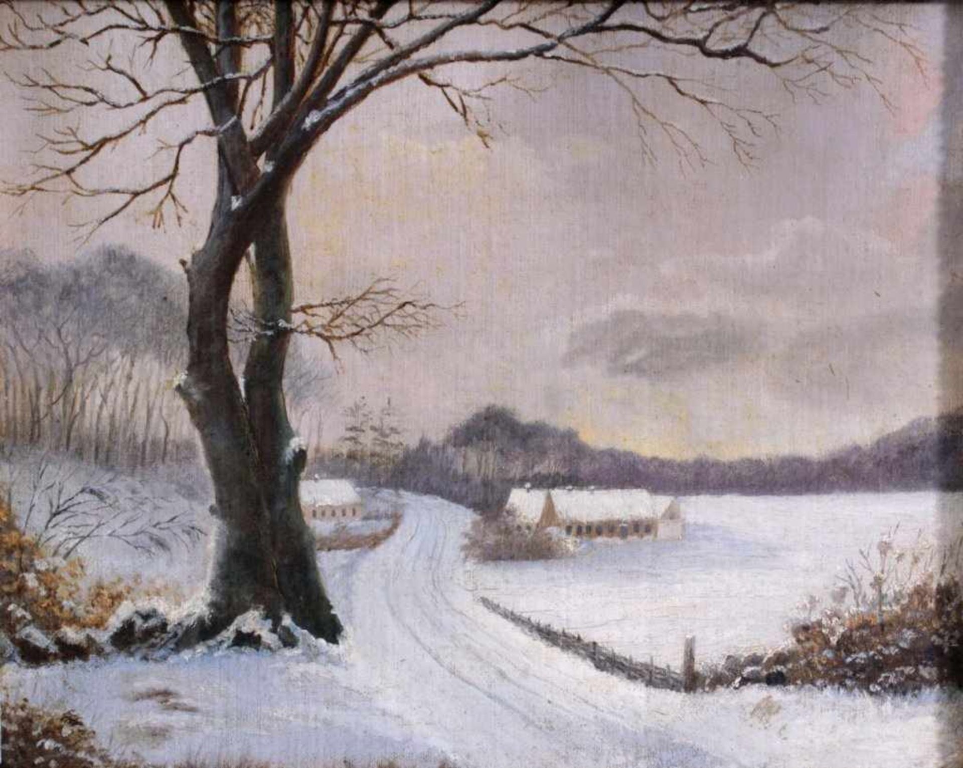Unbekannter Künstler des 19. Jh.Winterliche Landschaft mit Gebäuden, Öl auf Pappe gemalt,unsigniert,