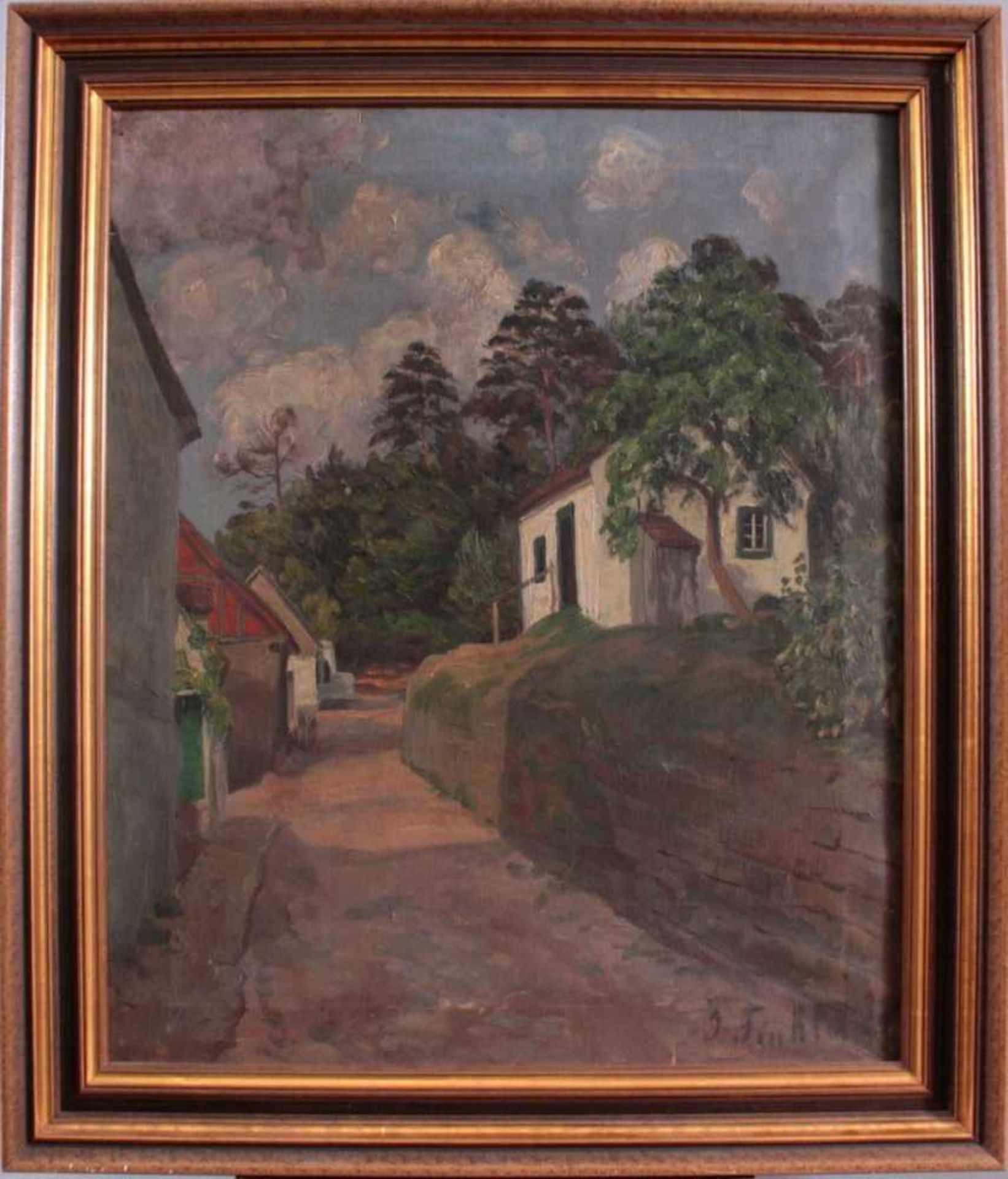 GemäldeÖl auf Leinwand, "Landschaft mit Gebäuden", rechts untenundeutlich signiert, ca. 59 x 48,5