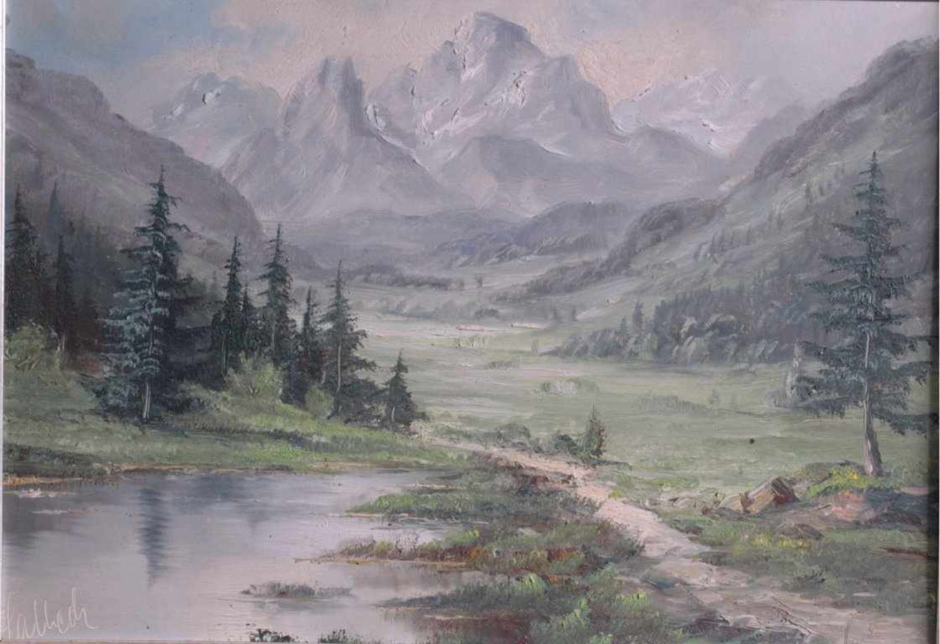 Bededikt Salbeck (XX), Bayrische Gebirgslandschaft mit SeeÖl auf Faserplatte gemalt, auf der